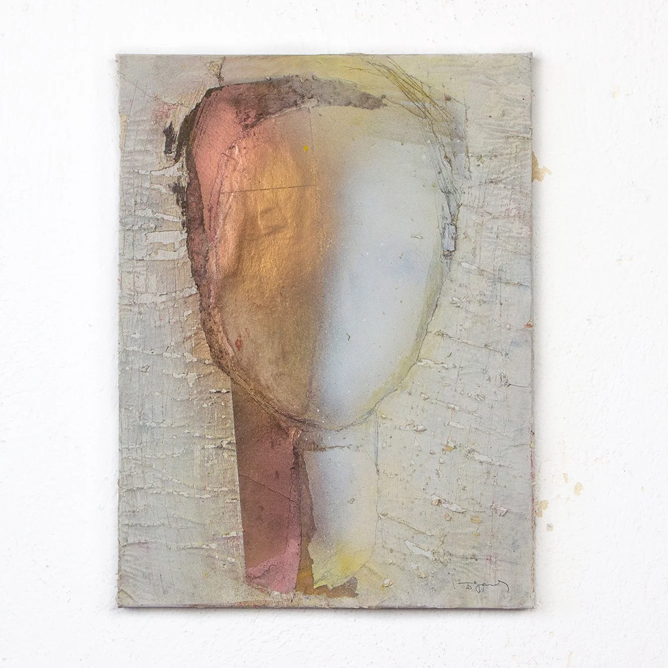 Abstract portrait painting of a faceless figure with earthy and pastel tones, textured background