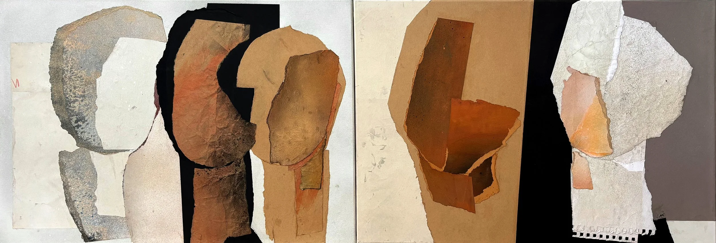 Collage of torn paper and textured cardboard arranged in an abstract composition with neutral tones, black backgrounds, and layered materials.