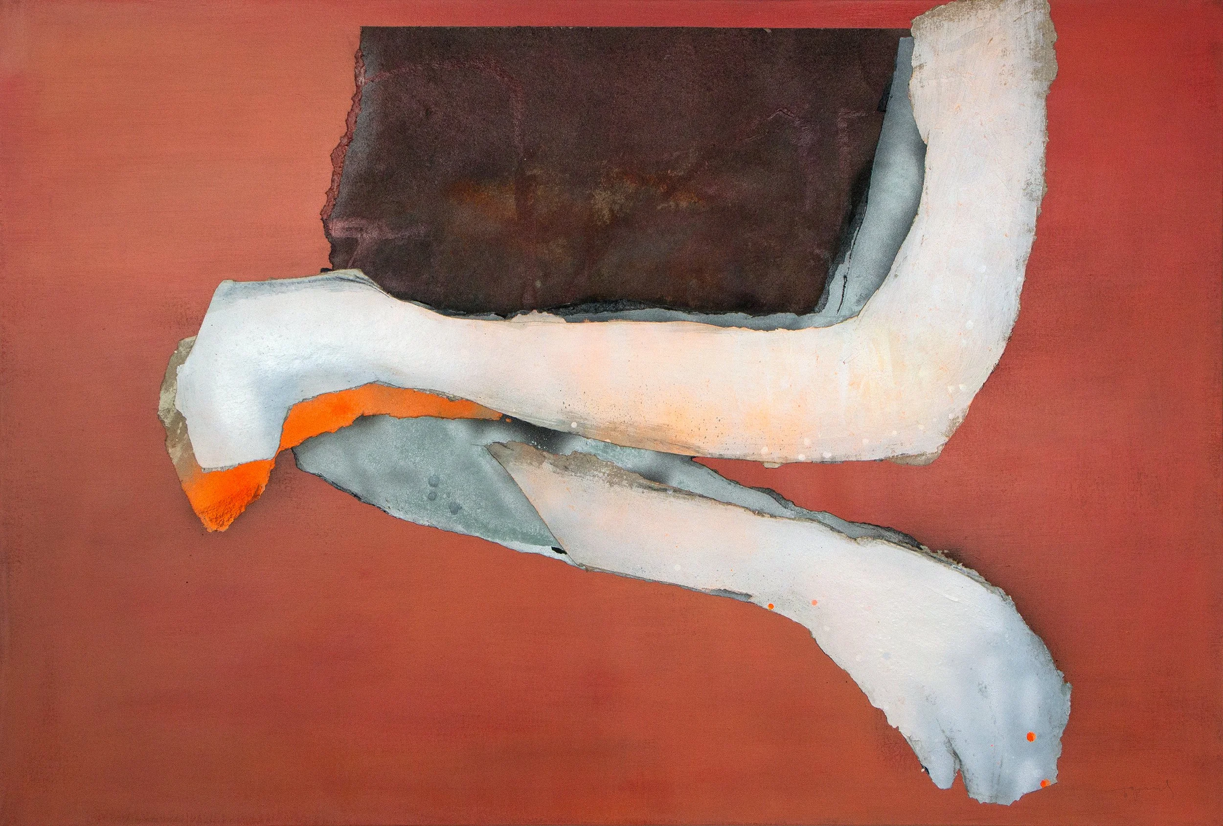 Fragmented abstract artwork with torn paper or material pieces layered on a red background.