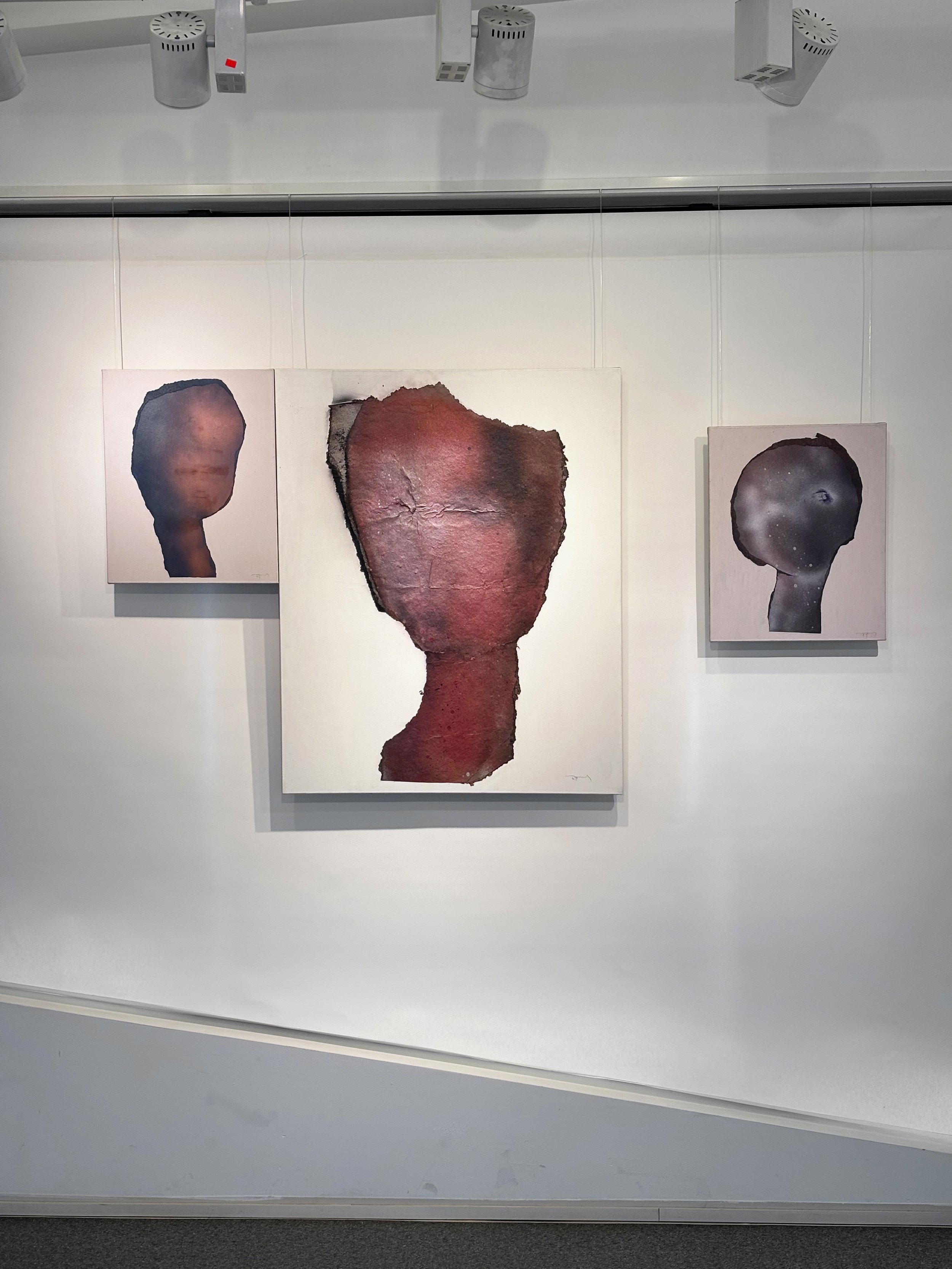 Three abstract artworks on a white gallery wall. The central piece depicts a large, roughly shaped form in shades of red and brown. The left artwork shows a dark, blurred silhouette of a head with a faint face, and the right artwork features a simila