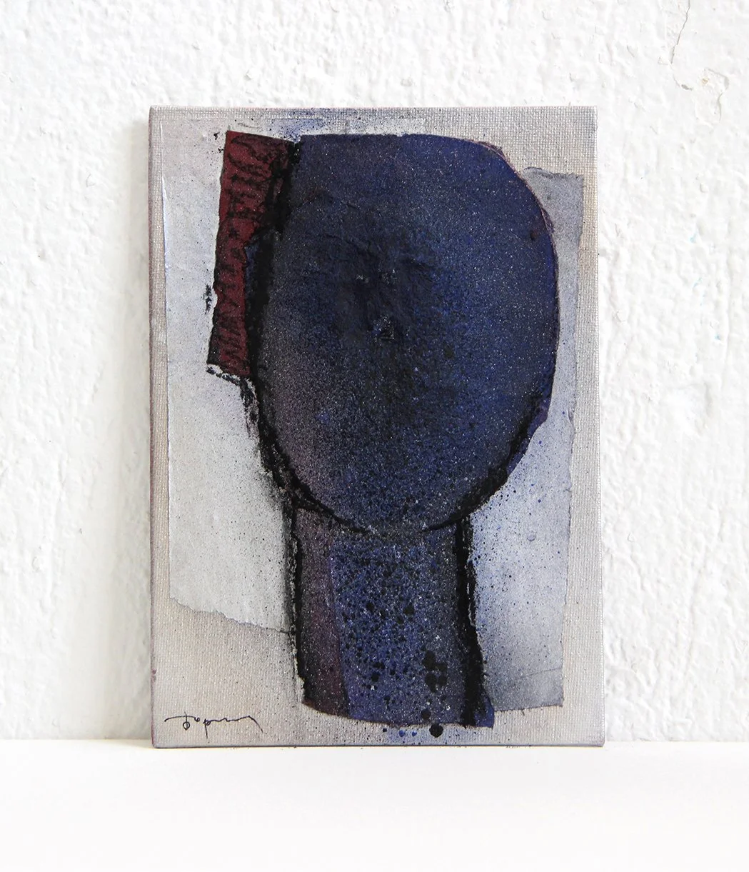 Abstract portrait painting of a person with a dark, textured face and neck, with a red accent on the left side, set against a light background.