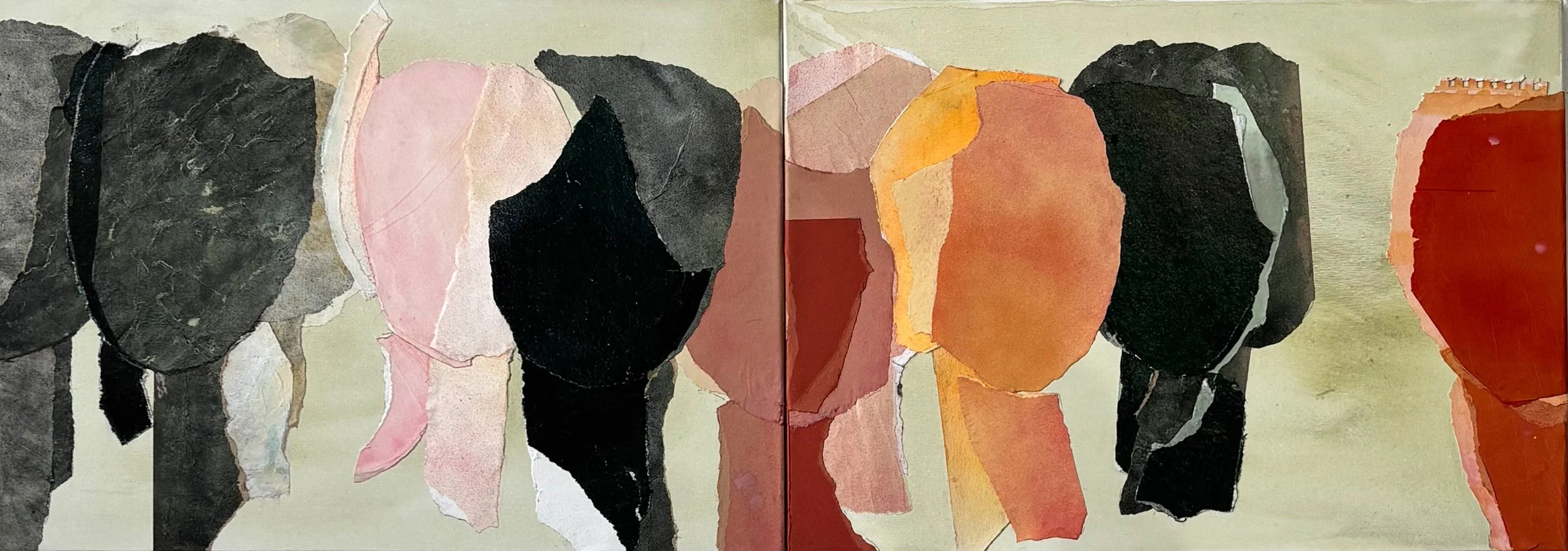 Collage of abstract paper cutouts arranged in a pattern, featuring various black, pink, orange, red, and beige shapes on a light background.