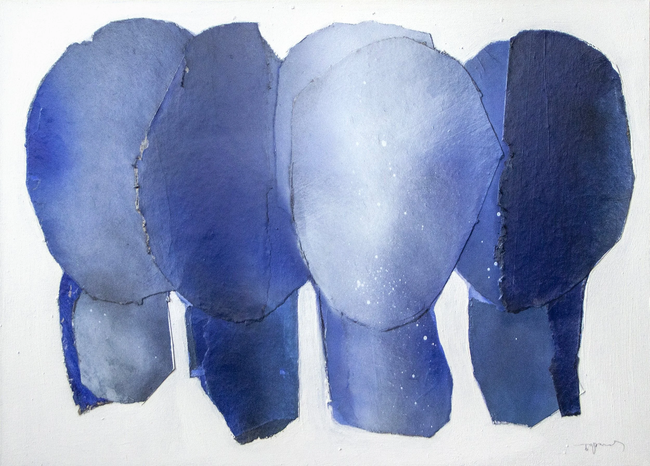 Abstract blue-toned collage featuring irregularly shaped pieces of paper or fabric arranged to form an abstract composition.