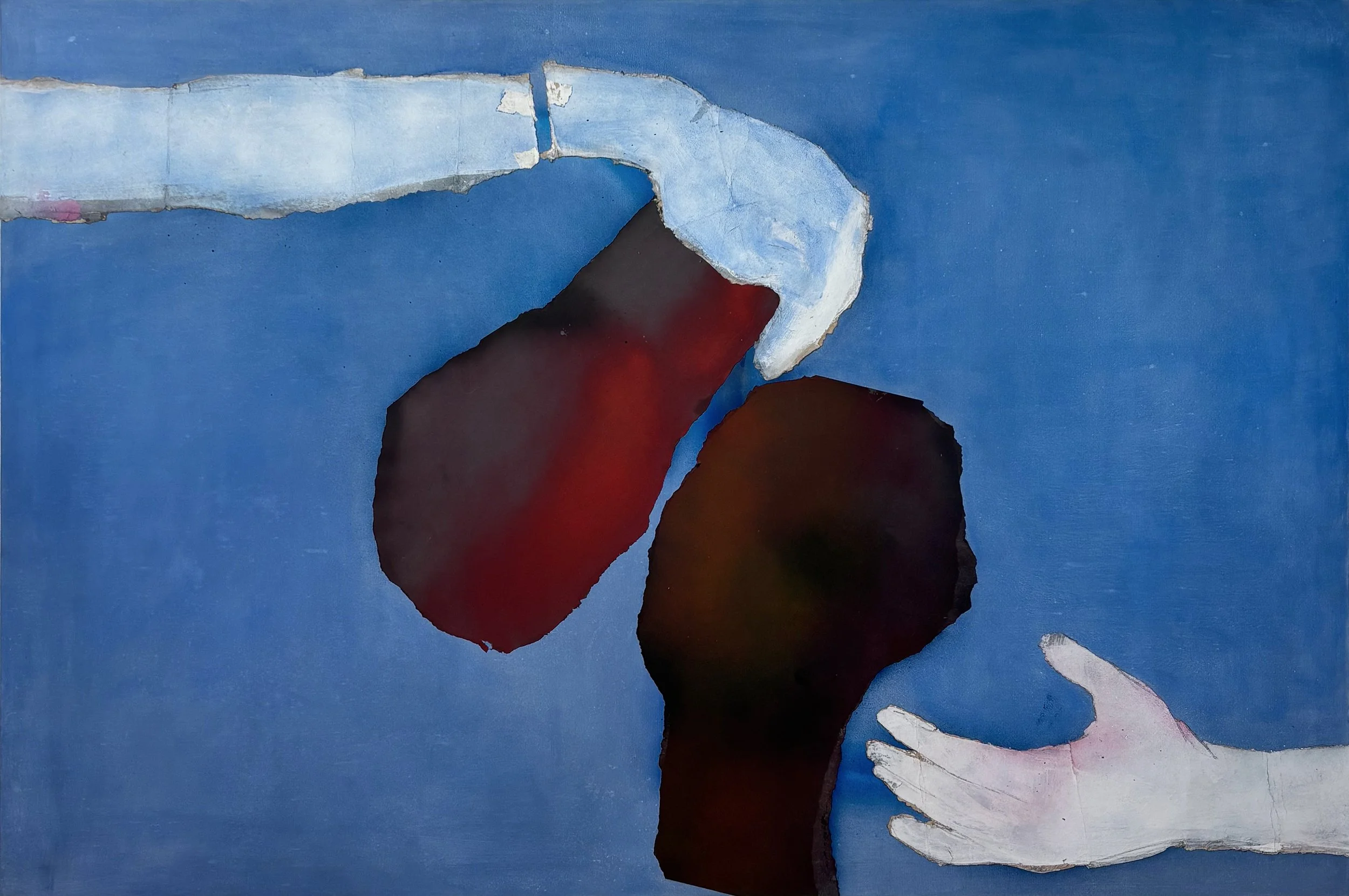 Abstract painting featuring a blue background, torn paper elements, and black, red, and dark brown shapes resembling figures with white hands reaching out.