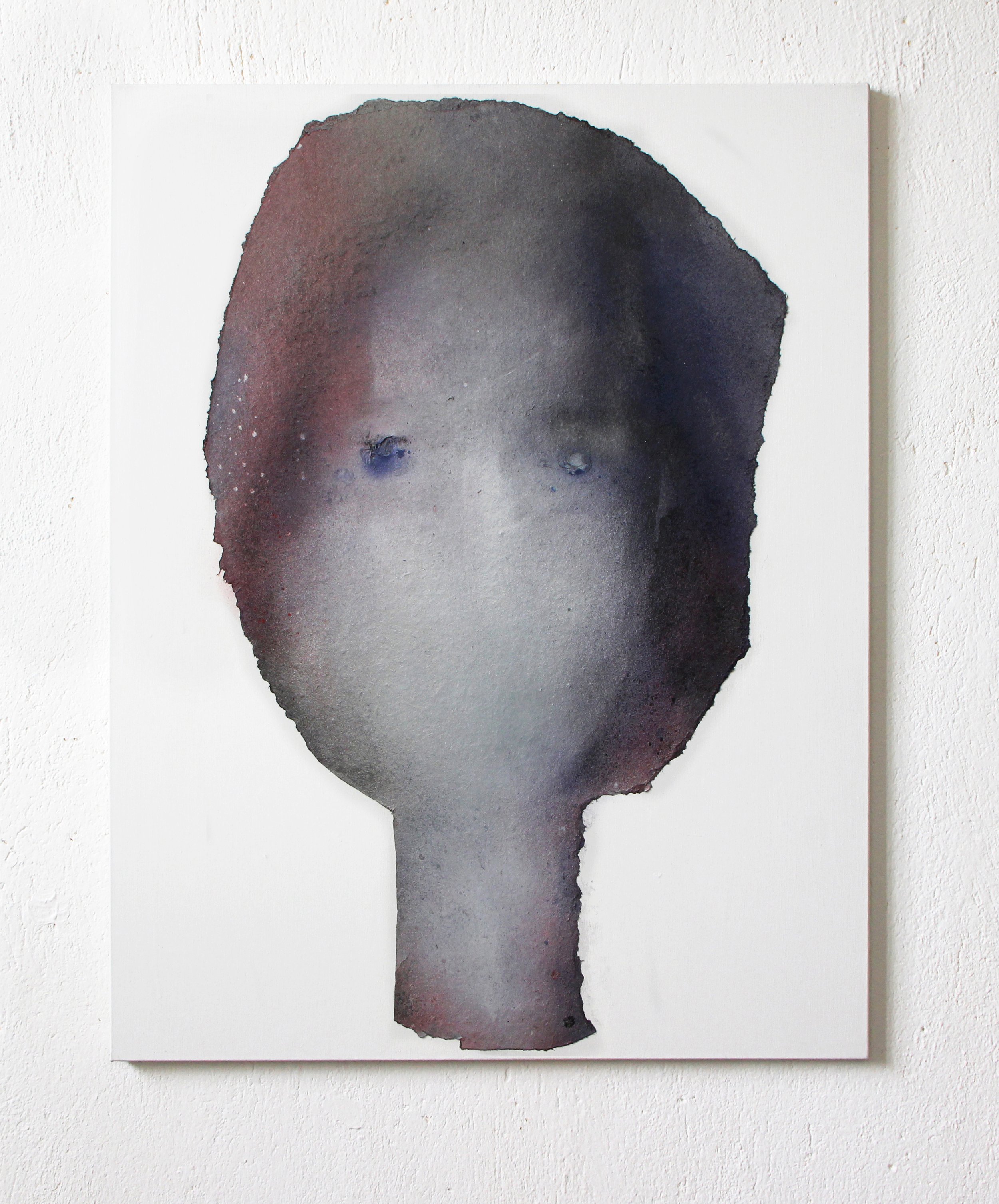 Abstract watercolor painting of a person's face with a large, elongated neck, in shades of gray, black, maroon, and blue, on a white background.