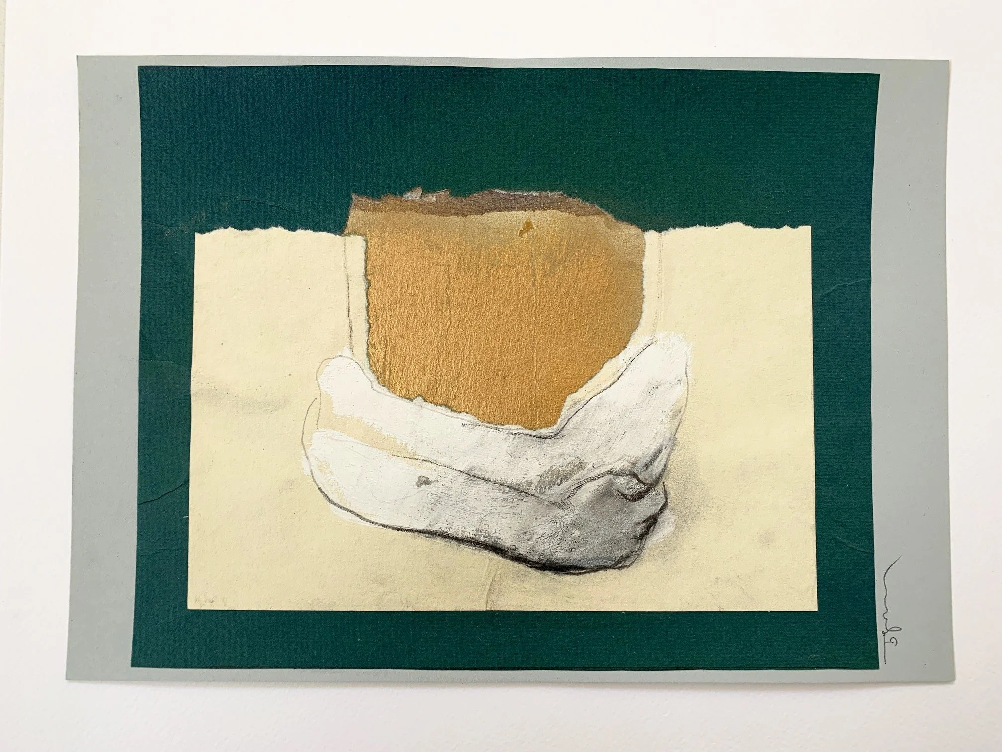 Mixed media artwork featuring an abstract shape resembling a self care hug in gold, on a light yellow background with green border.