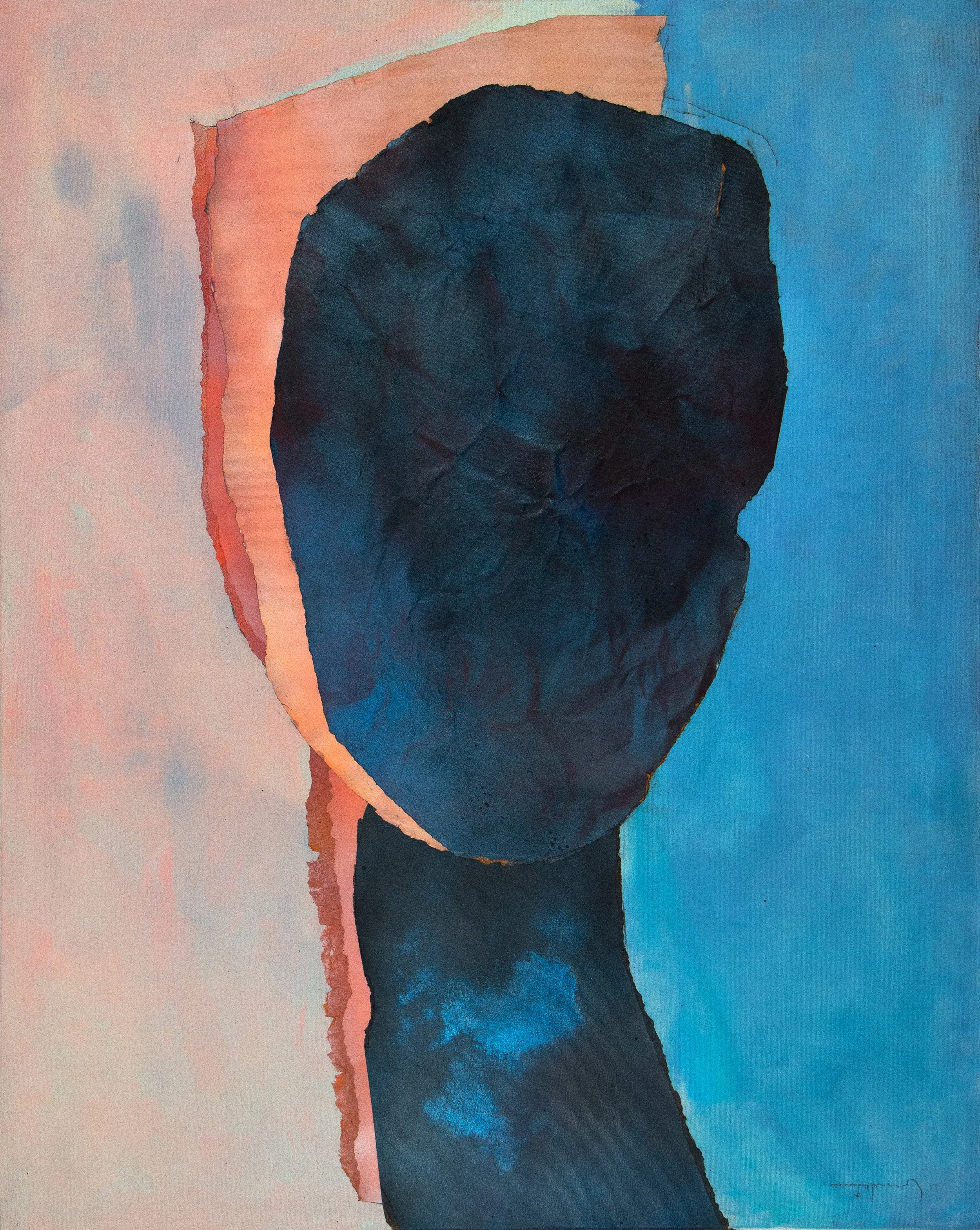 Abstract painting featuring a dark silhouette of a head against a split background of pinkish-orange on the left and blue on the right.
