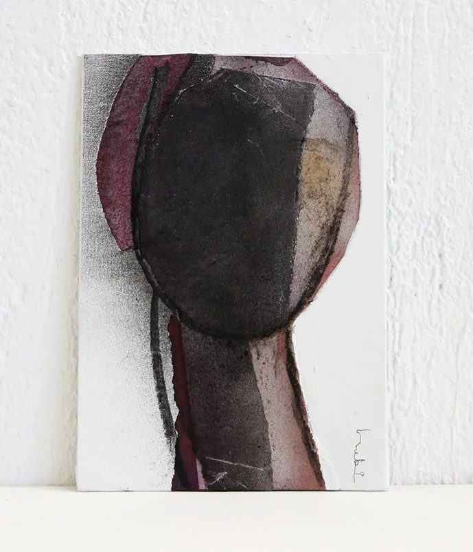 Abstract painting of a human head and neck, with dark and muted colors, on a white canvas.