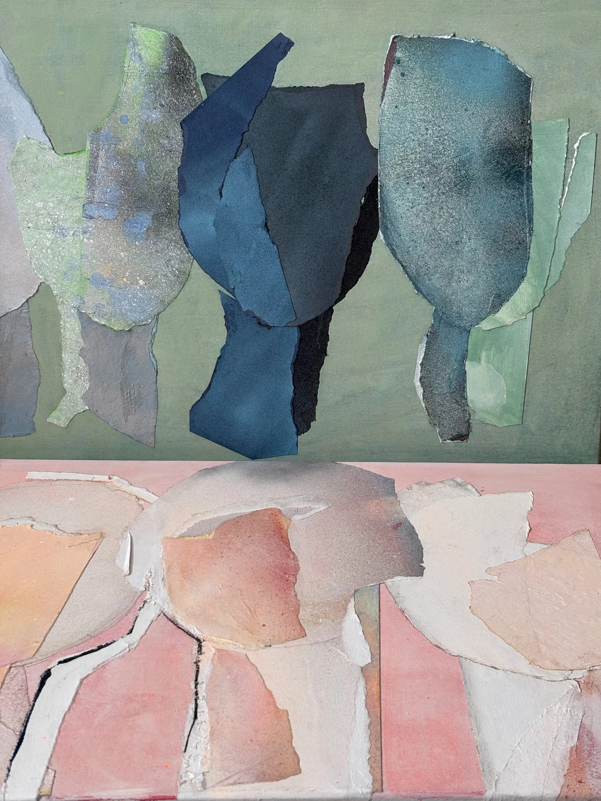 Collage artwork featuring various cut-out paper shapes arranged in abstract compositions, with a color palette of blues, greens, grays, and pastels.