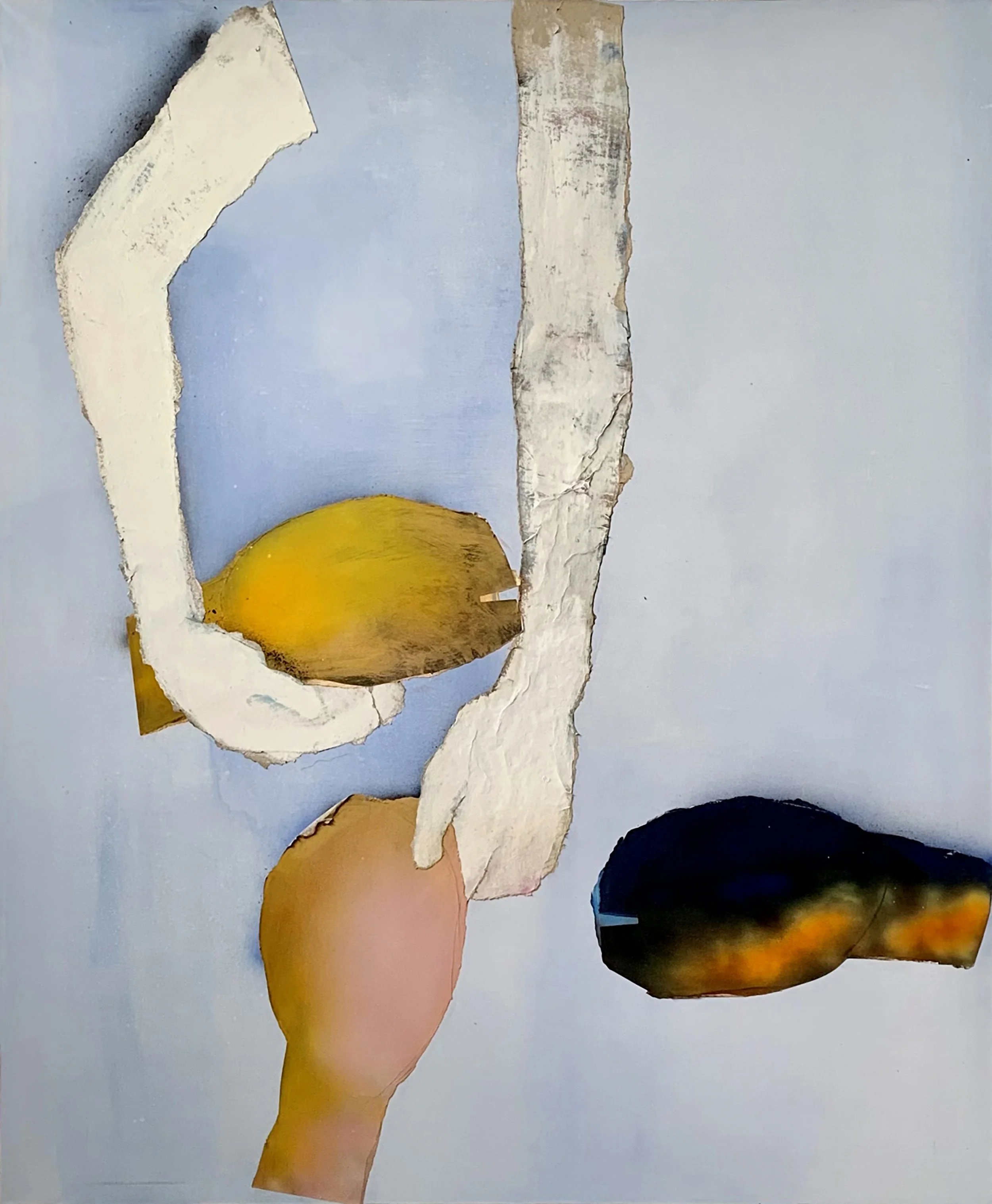 Mixed media art featuring torn paper shapes and fruit images on a light background.