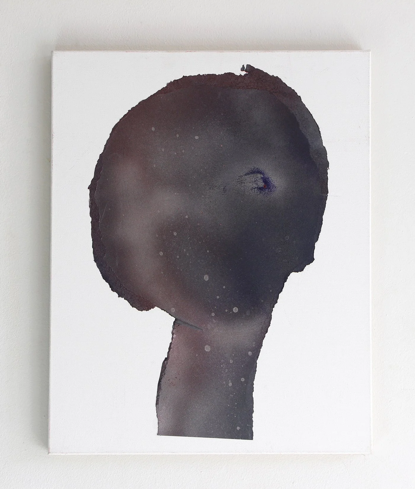 Abstract art painting of a person with dark skin and short hair, featuring a large circular head and a simple neck outline, with a black and gray color palette.