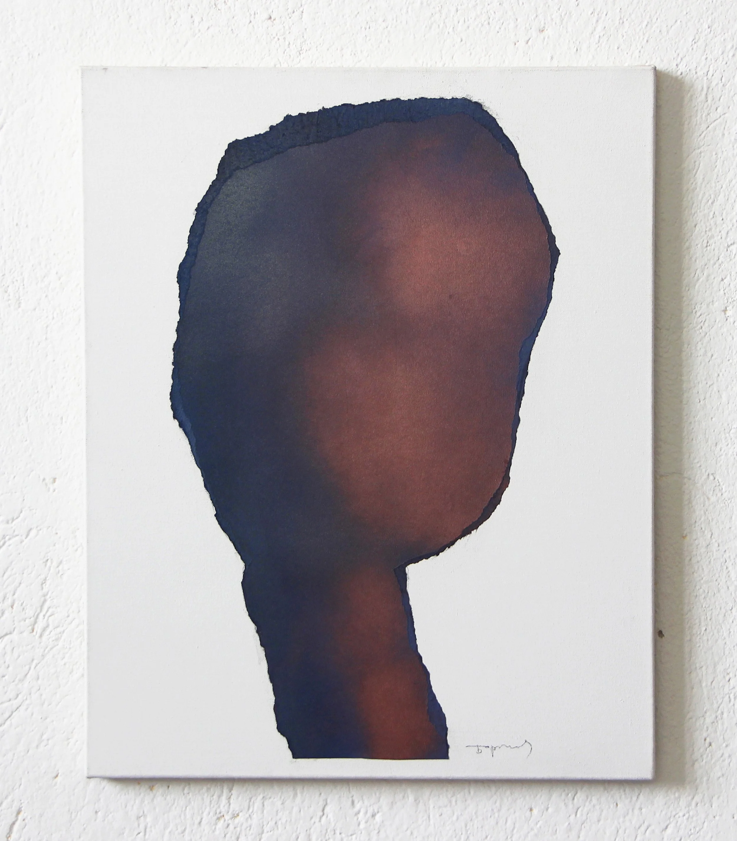 Abstract artwork featuring a silhouette of a person's head and neck with blurred, dark-toned facial features on a white background.