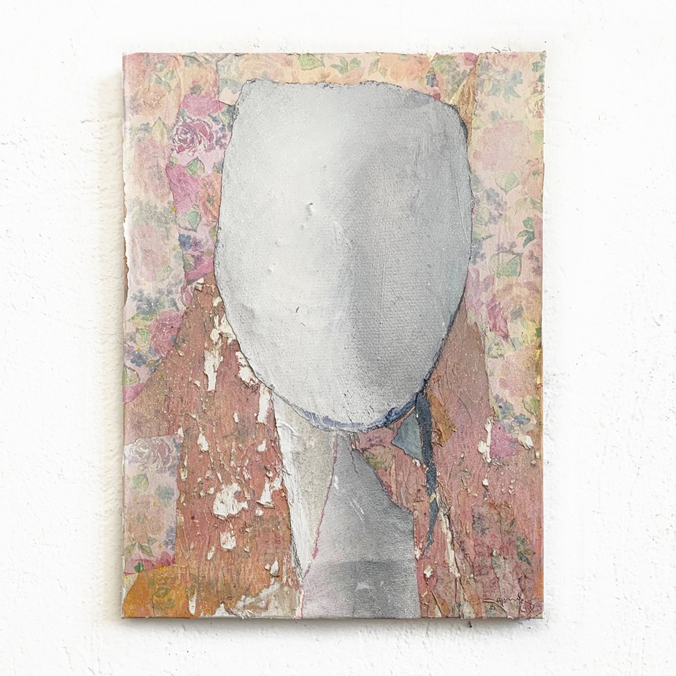 Abstract portrait of a person with no facial features, painted with textured, muted colors and floral background.