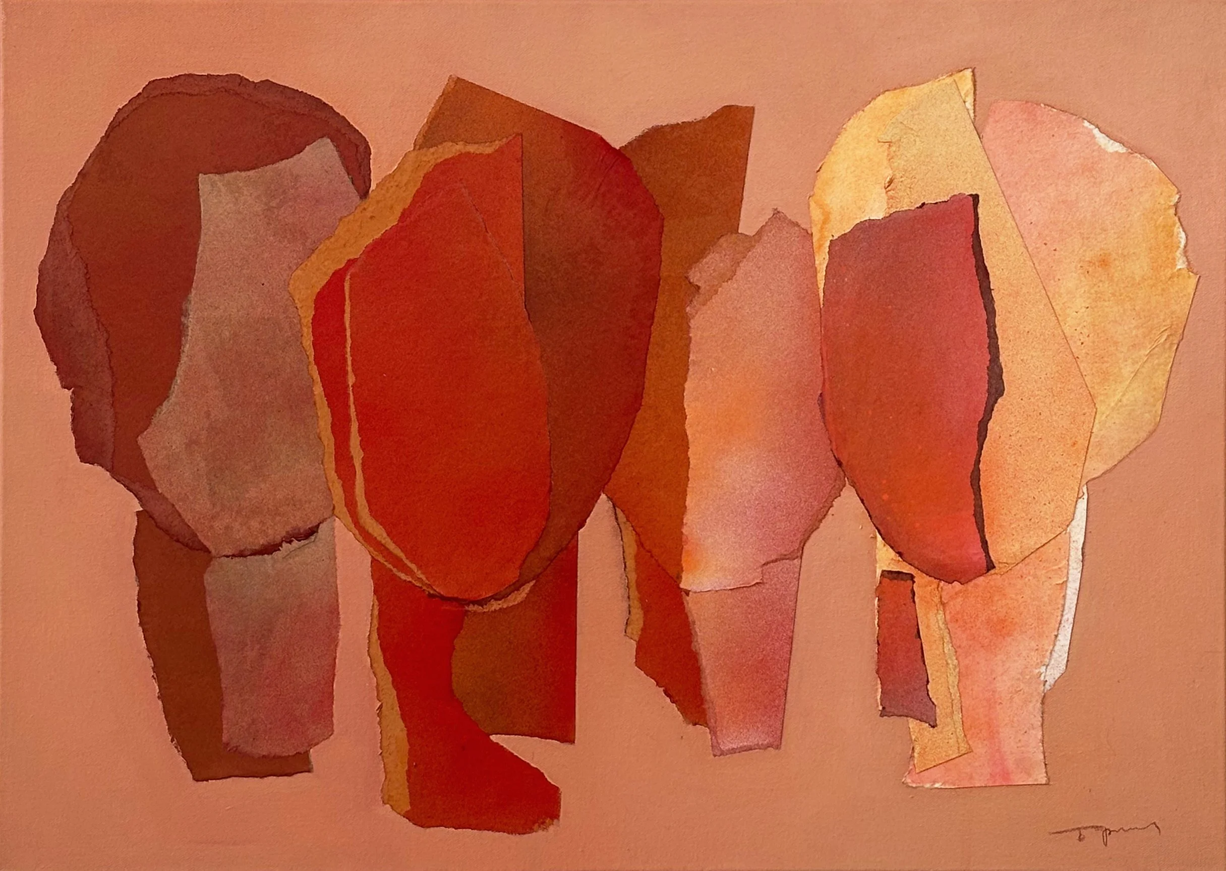 Abstract collage of torn paper pieces in warm autumn colors on a pink background.