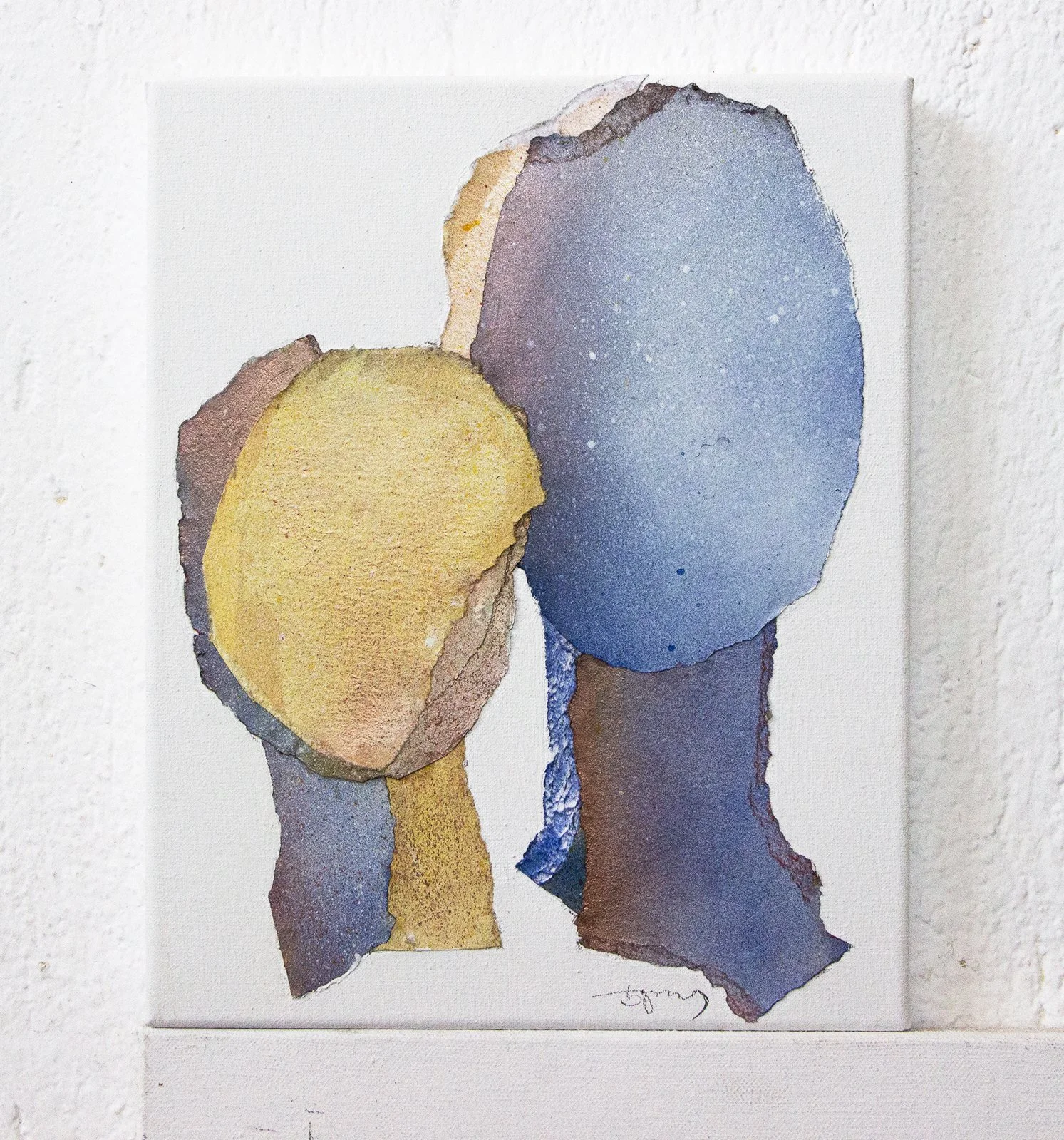 Abstract watercolor painting of a silhouette of two people, one with long hair, on a white wall.