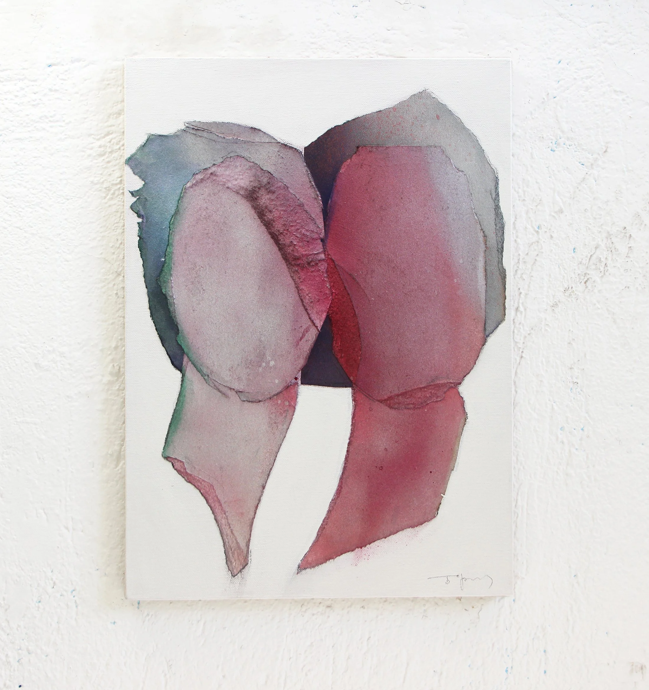 Watercolor painting of abstract rose petals in shades of pink, red, gray, and green on a white background.