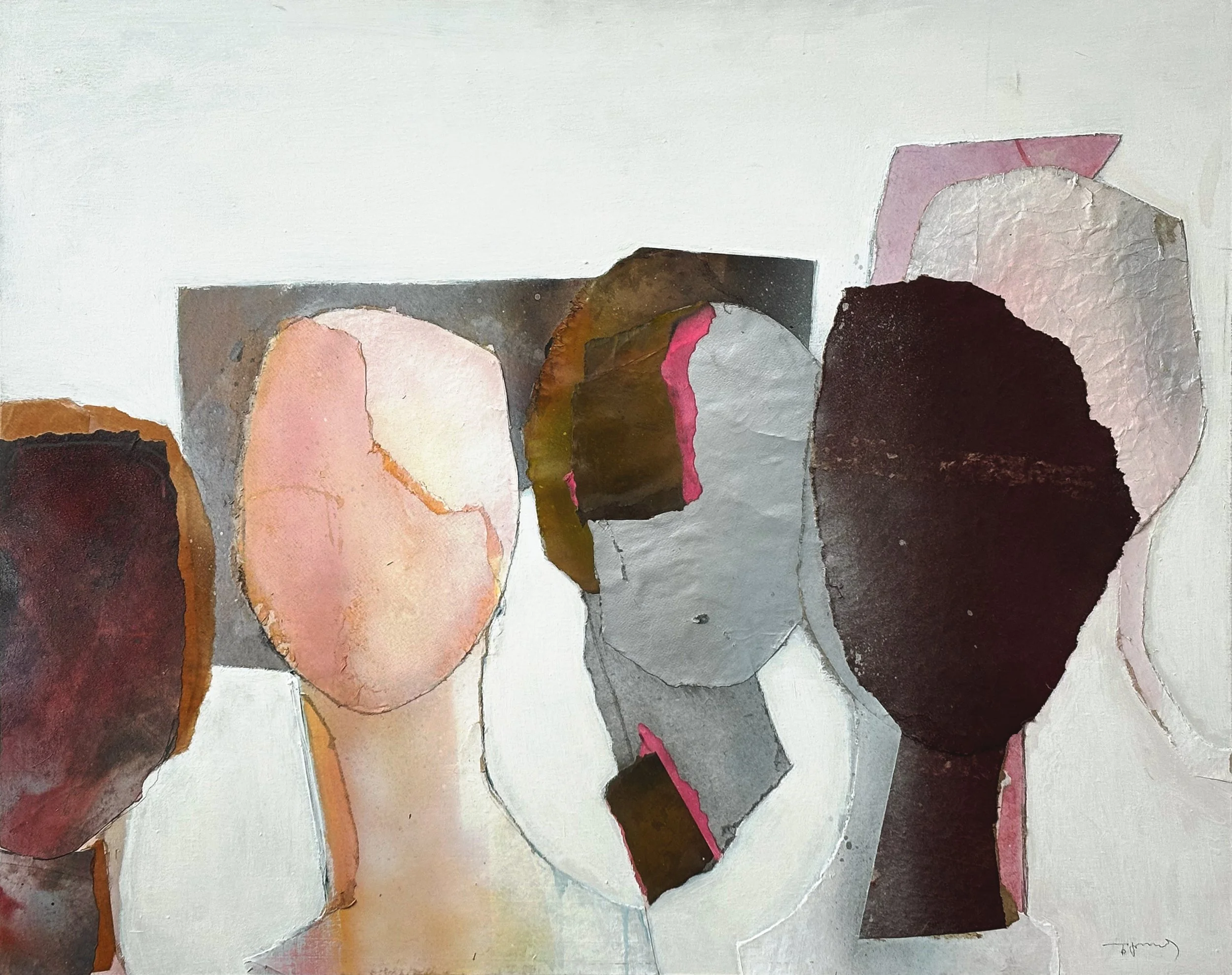 Abstract painting of six faceless women with varied hair and skin tones, loosely outlined with watercolor, on a white background.
