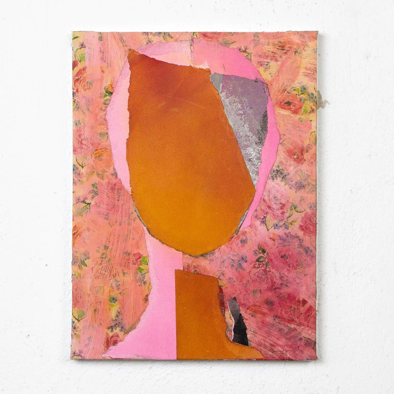 Abstract mixed media artwork featuring large orange and pink torn paper shapes against a pink floral background with hints of green and purple.