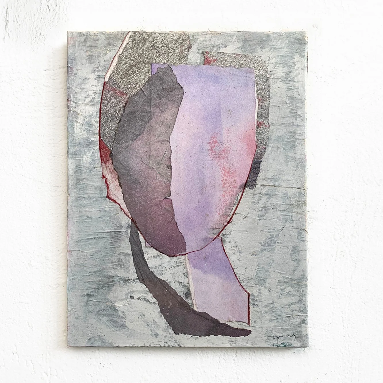 Abstract painting with a large irregularly shaped form in shades of purple, pink, gray, and black, on a textured gray background.