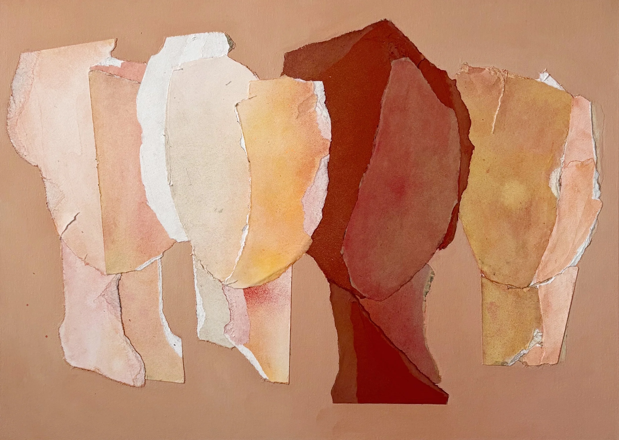Abstract collage of torn paper pieces in warm earth tones on a tan background.