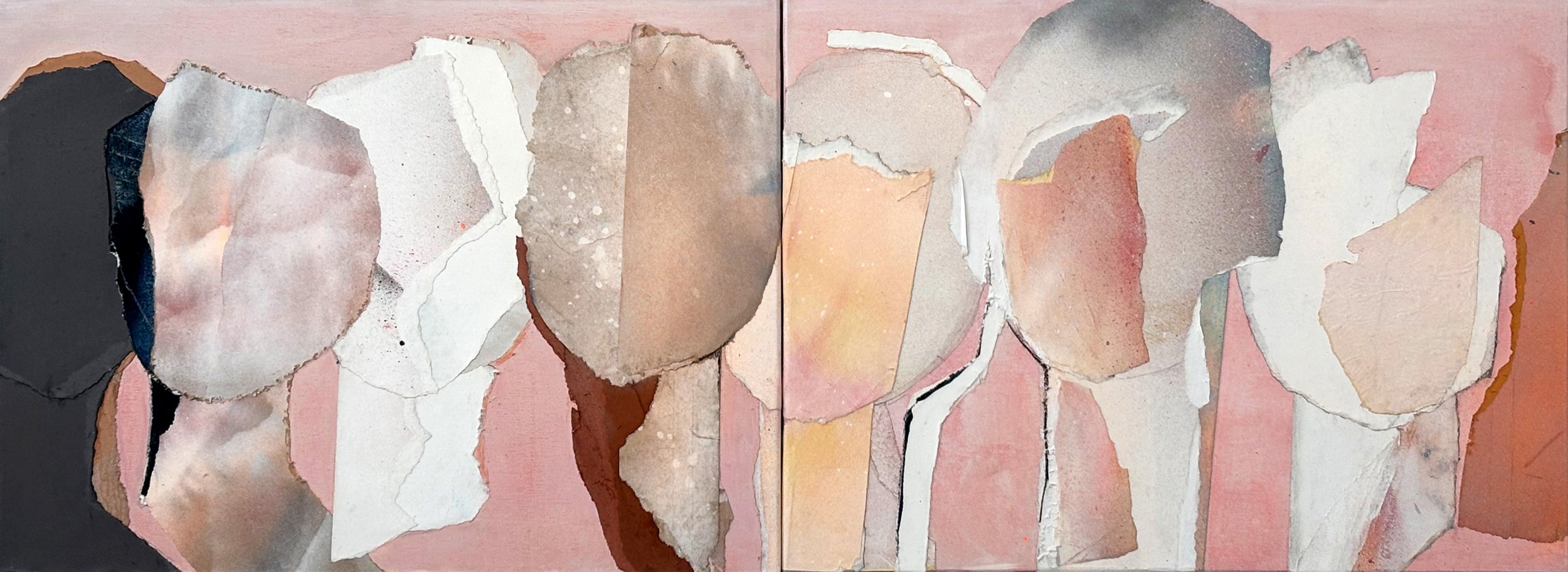 Abstract collage of torn paper pieces in pastel and earth tones on a pink background.