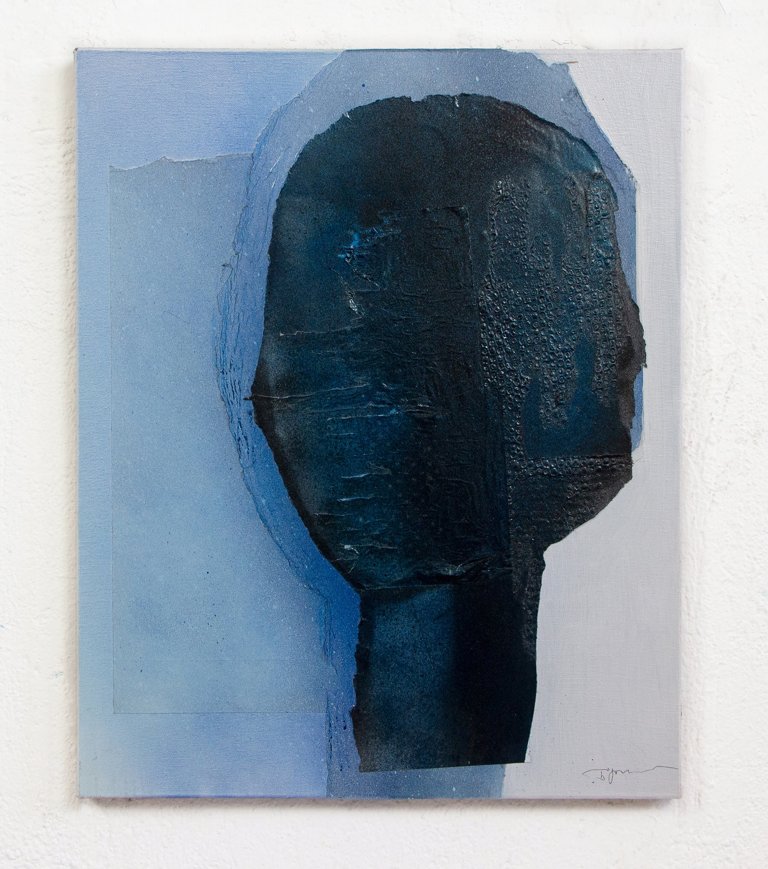 Abstract painting of a dark blue face silhouette against a light blue background.