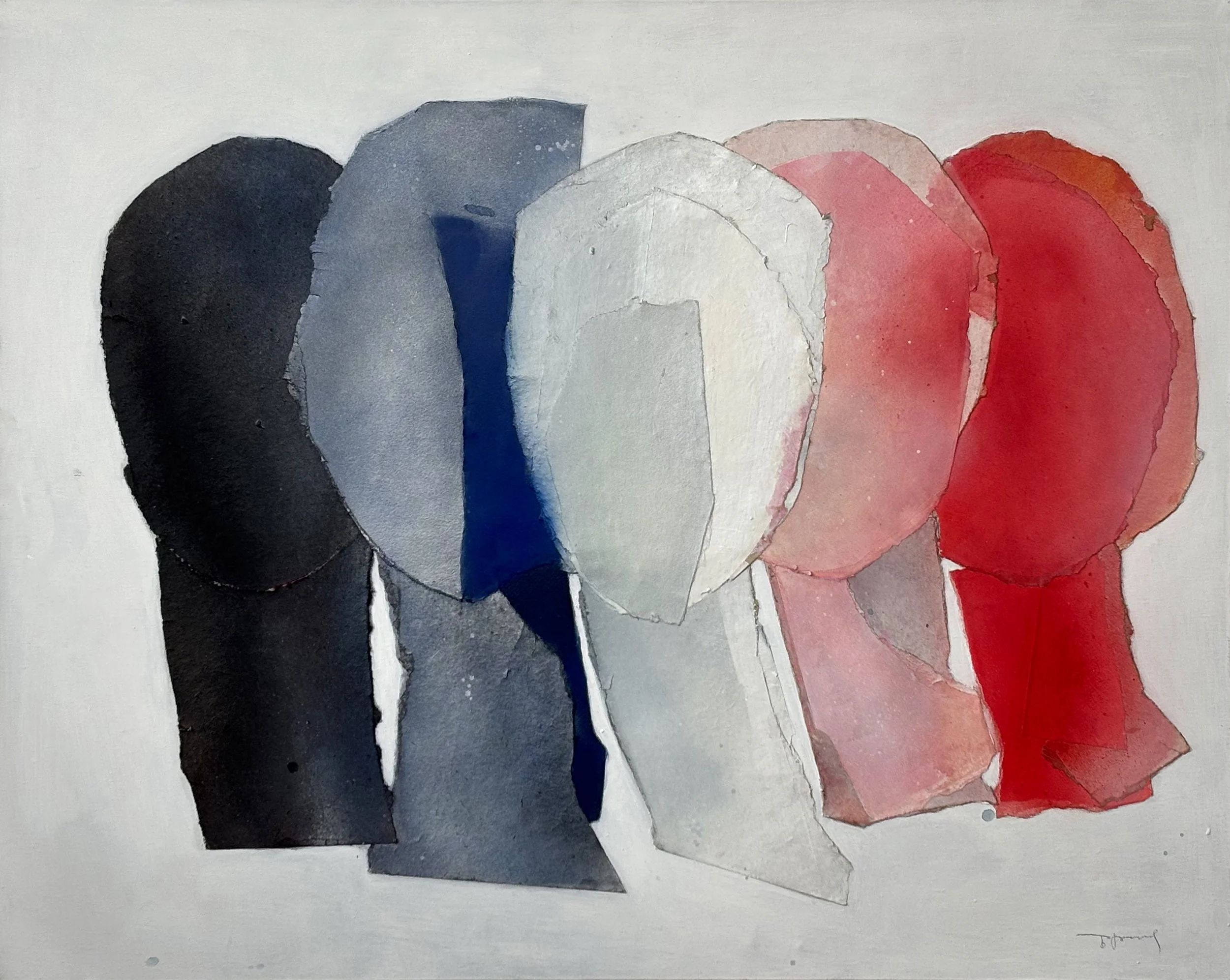 An abstract watercolor painting of five oval shapes in black, blue, white, pink, and red, overlapping on a light background.