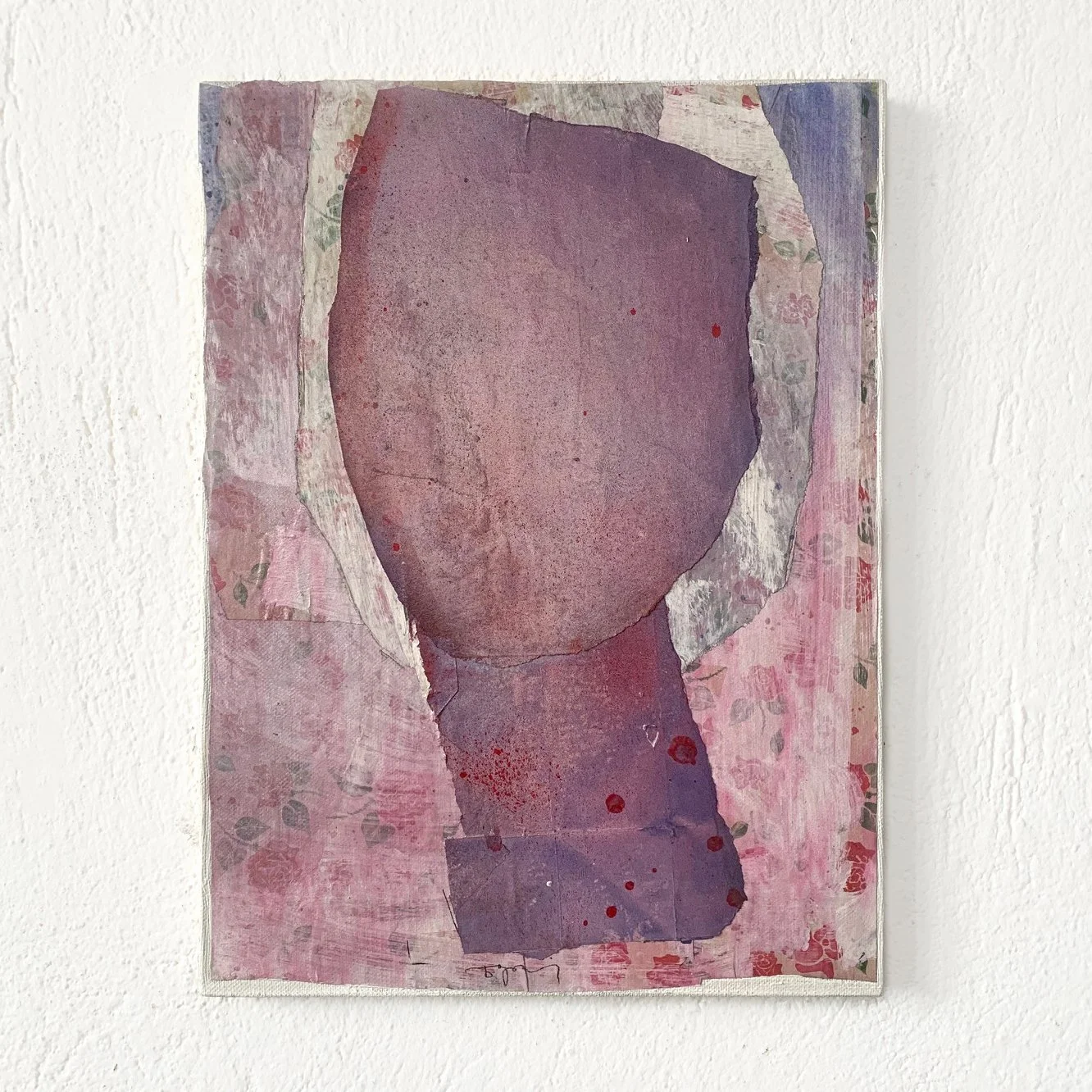 Abstract art with large purple and pink shapes and textured background on canvas