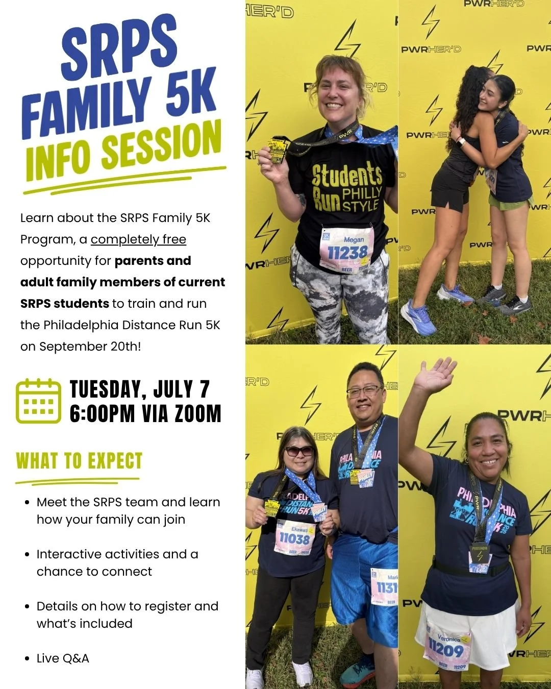 Parents and adult family members of current SRPS students: this one's for you! 

Join us on Tuesday, July 7 at 6:00 PM for a virtual info session to learn more about the FREE SRPS Family 5K Program, an opportunity to train for and run the Philadelphi