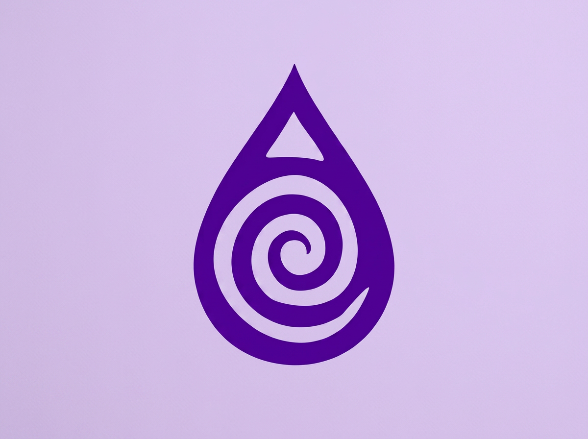 A purple abstract symbol resembling a water droplet with a spiral inside, set against a light purple background.