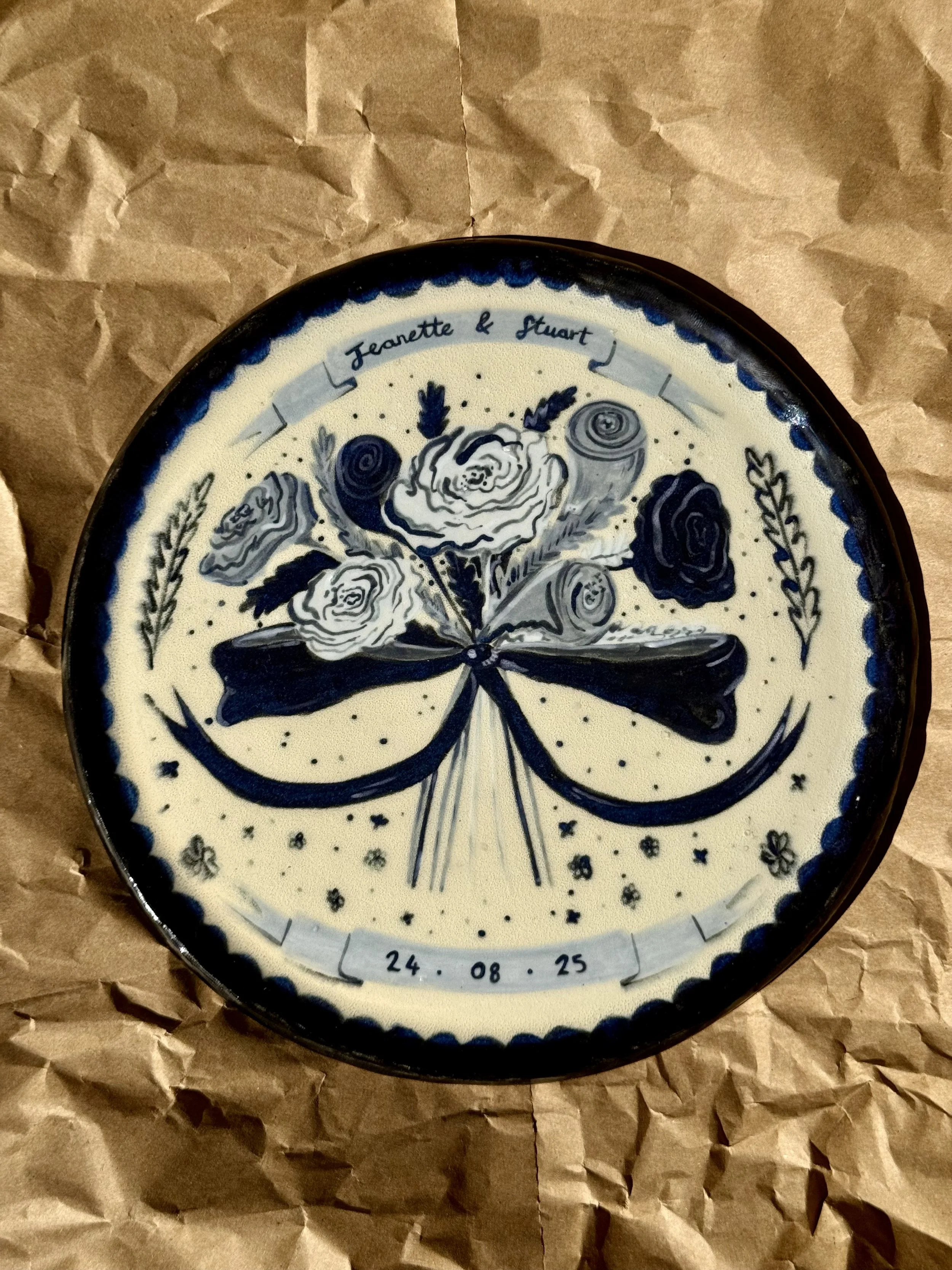 Black and white floral wedding plate
