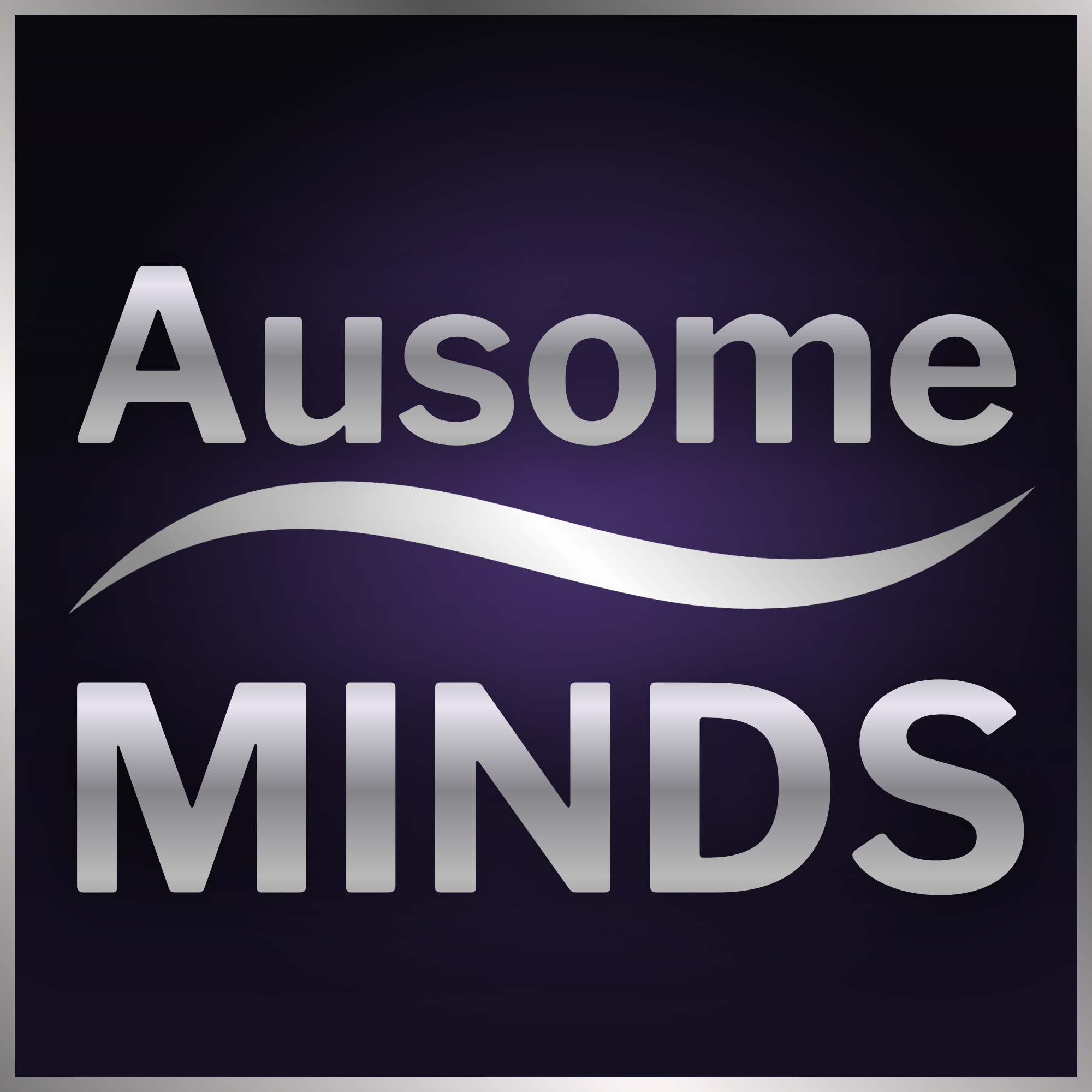 Purple background, silver text says Ausome Minds