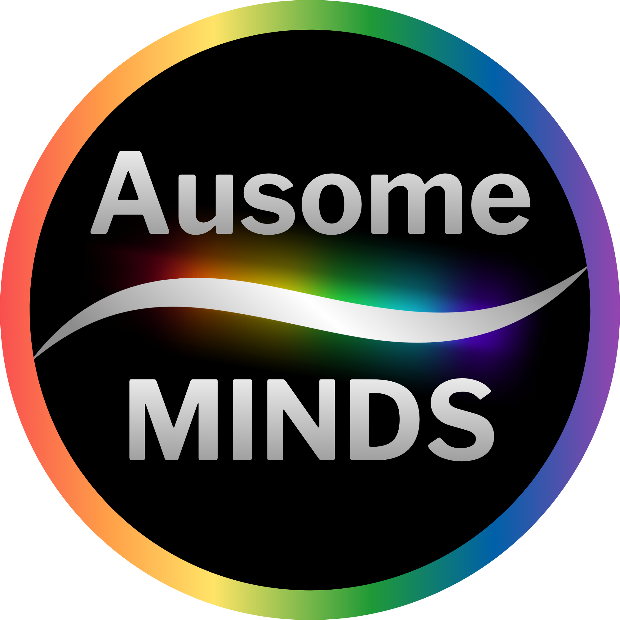 Black background, rainbow lights, silver swirl, silver text says Ausome Minds