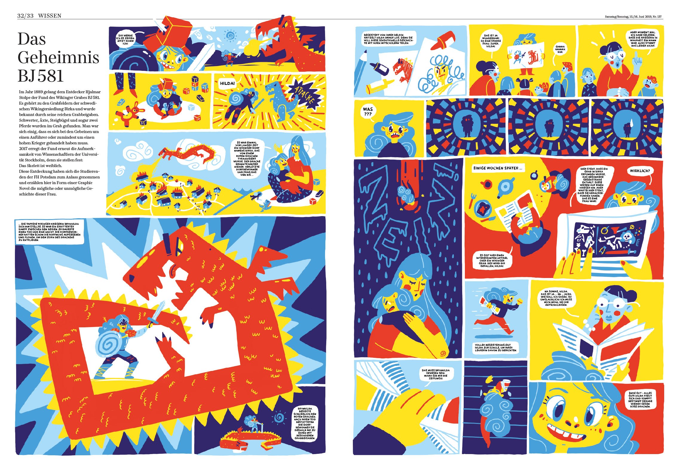 Illustrations-Doppelseite einer Zeitung. Comic über eine Wikingergeschichte. Ein kleines Mädchen kämpft gegen Drachen. Bunte Illustrationen