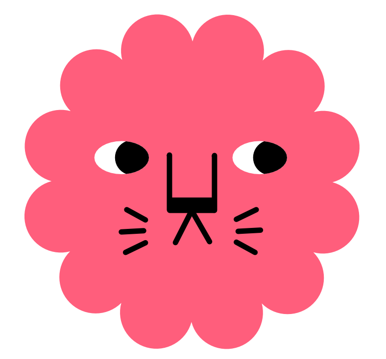 Ein stilisierter, runder, rosa Löwenkopf mit großen schwarzen und weißen Augen, einer schwarzen Nase und Schnurrhaaren.