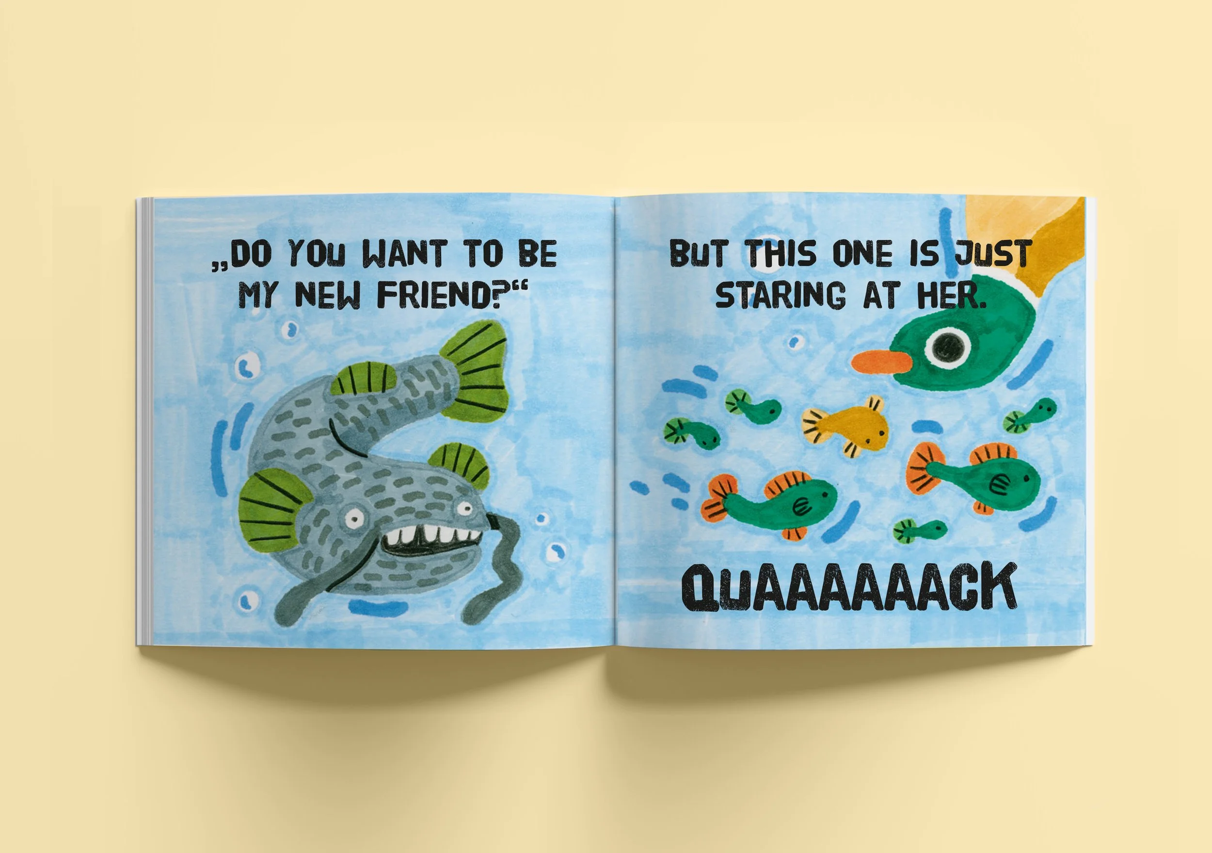 New Friends - Buchprojekt über Enten, Doppelseite mit Enten und Text