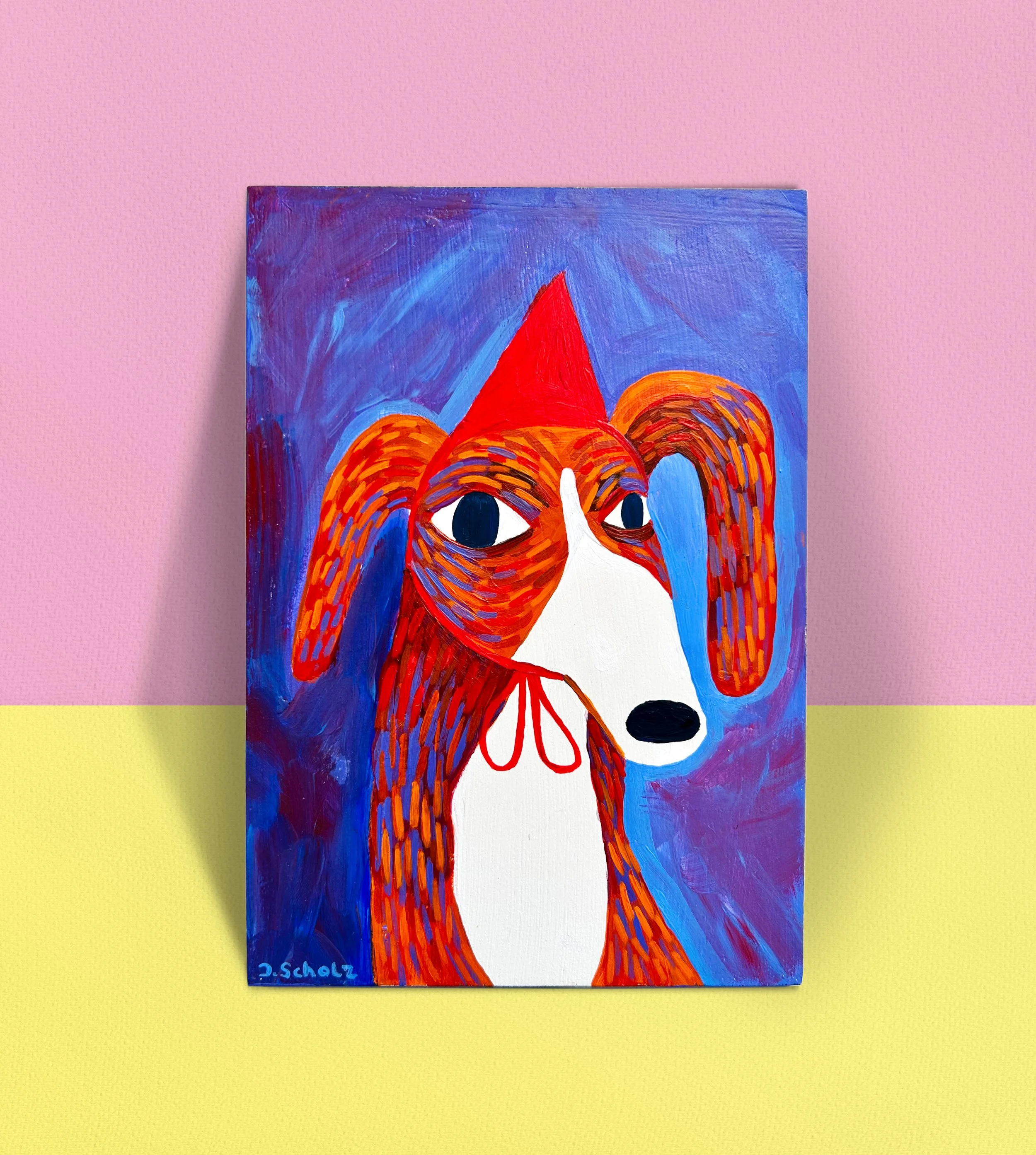 Kunstwerk - ein orange farbebner Hund mit Partyhut vor einem Blauen Hintergrund. Titel: Dog at a Party.