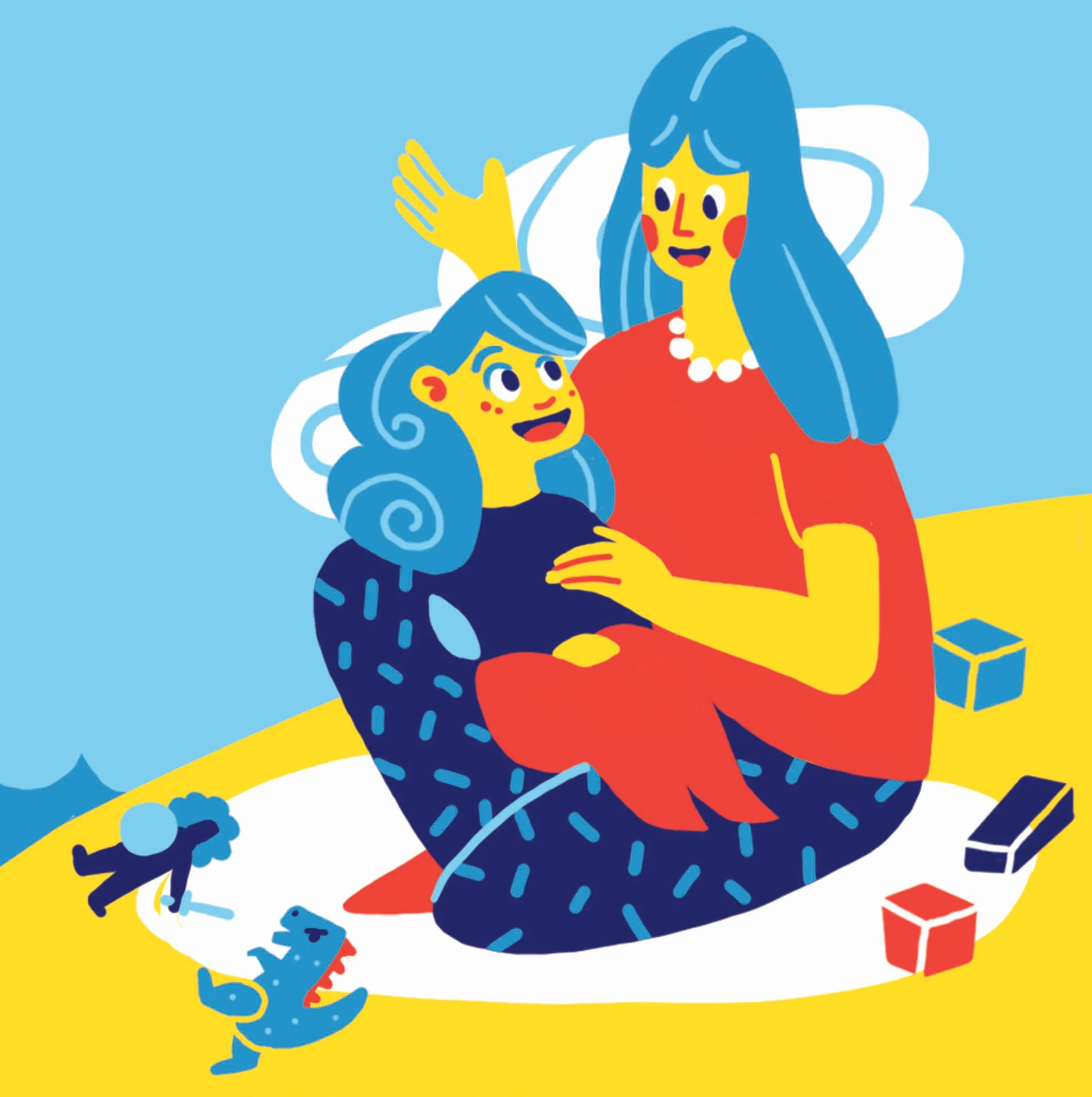 Hilda und der Drache - Illustration einer Szene von einer Mutter mit ihrem Kind das ihr eine Geschichte erzählt.