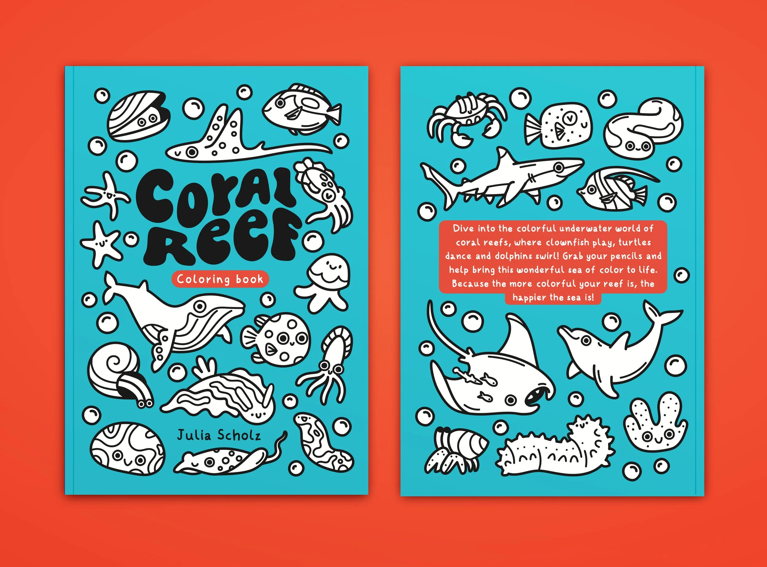 Coral Reef - Malbuch. Cover und Rückseite des Malbuches vor einem roten Hintergrund. Illustration vieler verschiedener Meerestiere in schwarz-weiß mit blauem Hintergrund.