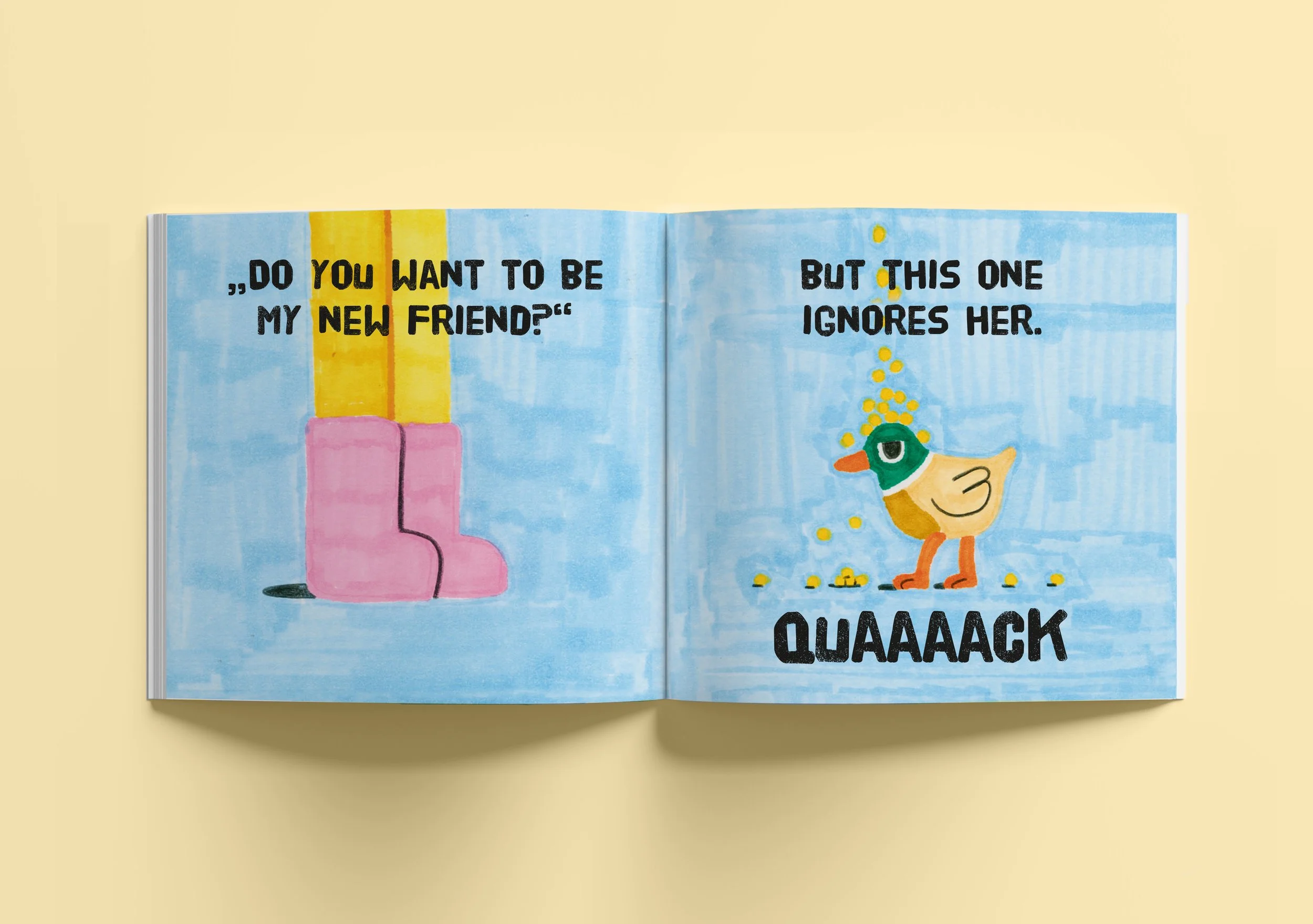 New Friends - Buchprojekt über Enten, Doppelseite mit Enten und Text