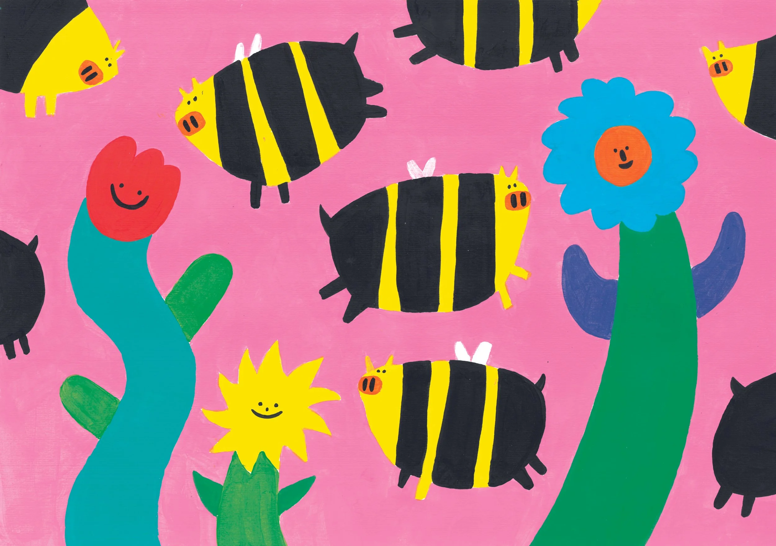 Phantastische Tiere - illustration mit fliegenden Schweine-Hummeln die zwischen Blumen tanzen vor einem pinken Hintergrund.