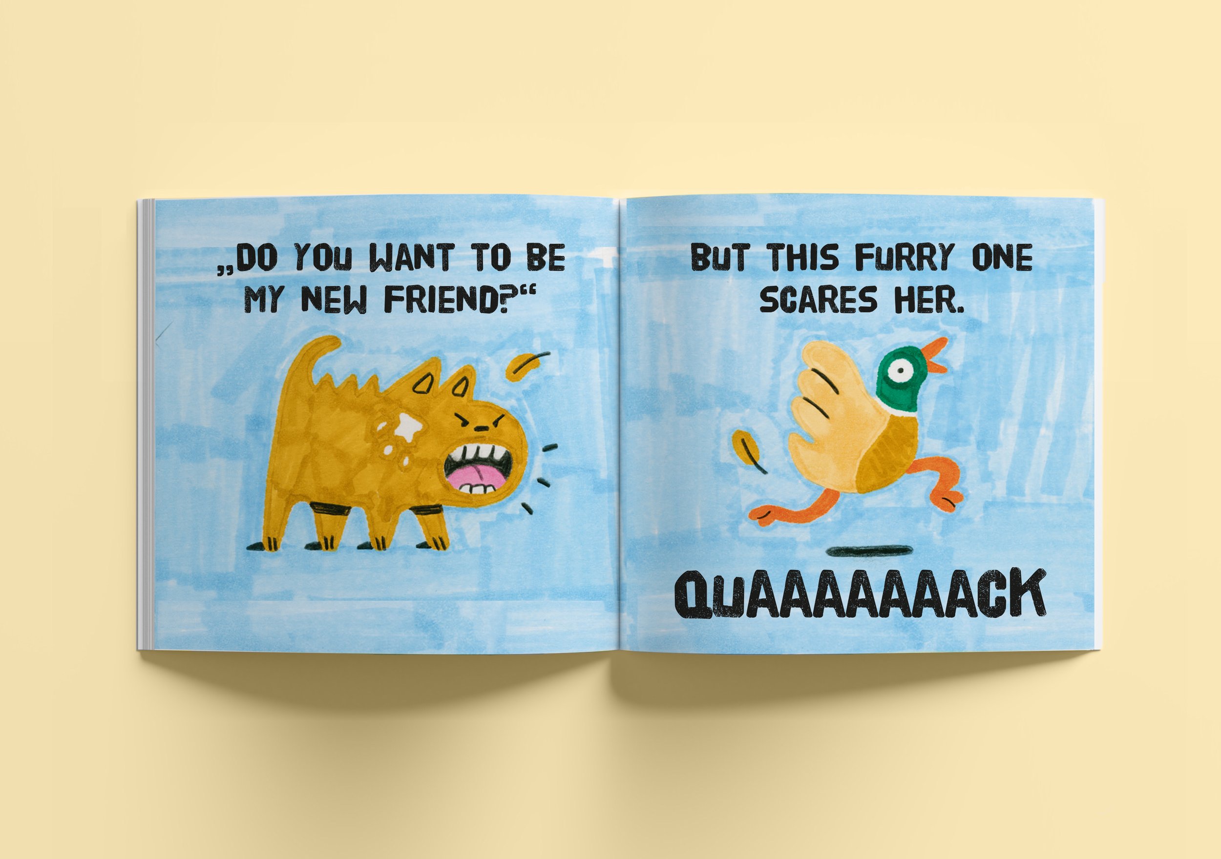 New Friends - Buchprojekt über Enten, Doppelseite mit Enten und Text