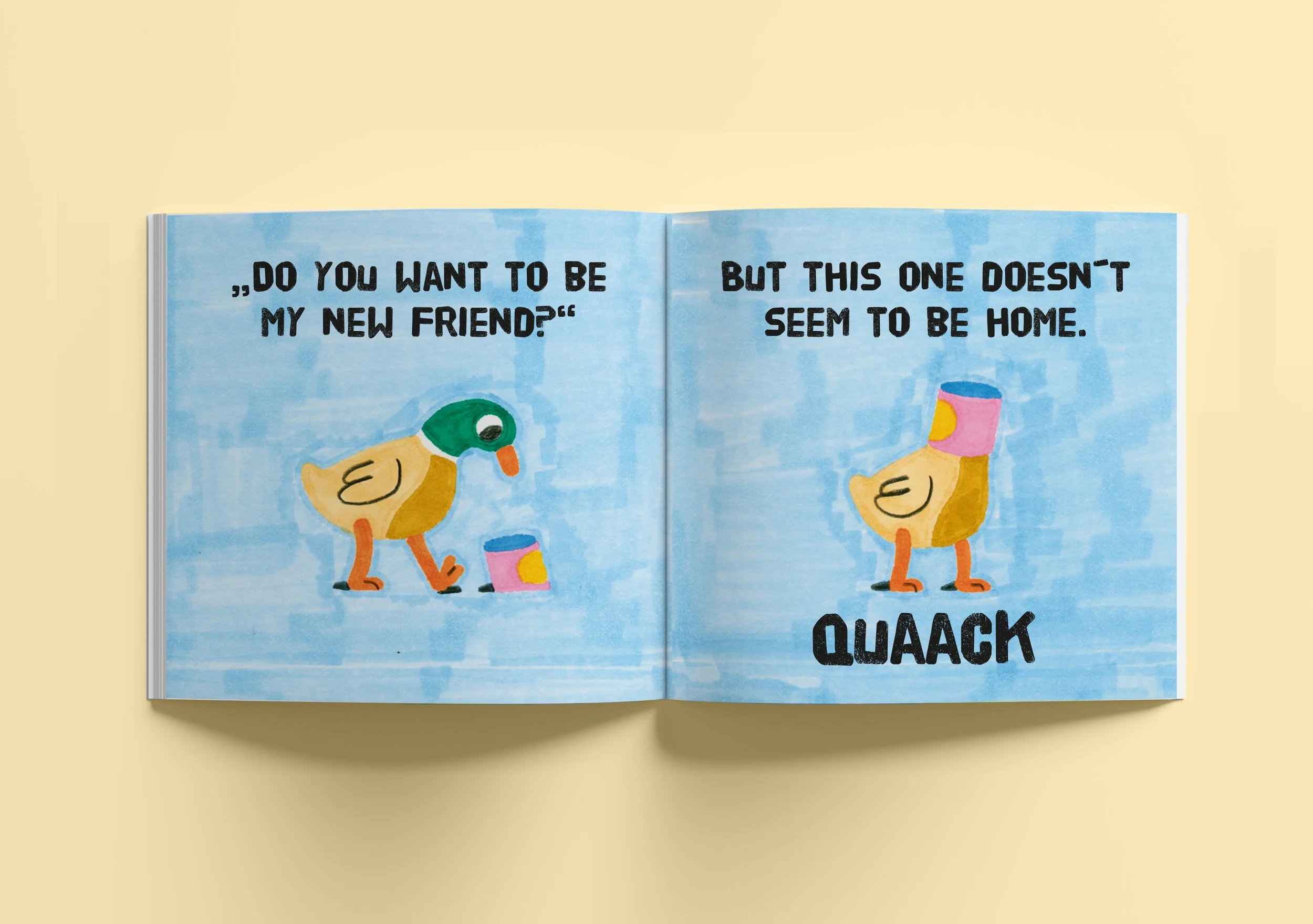 New Friends - Buchprojekt über Enten, Doppelseite mit Enten und Text