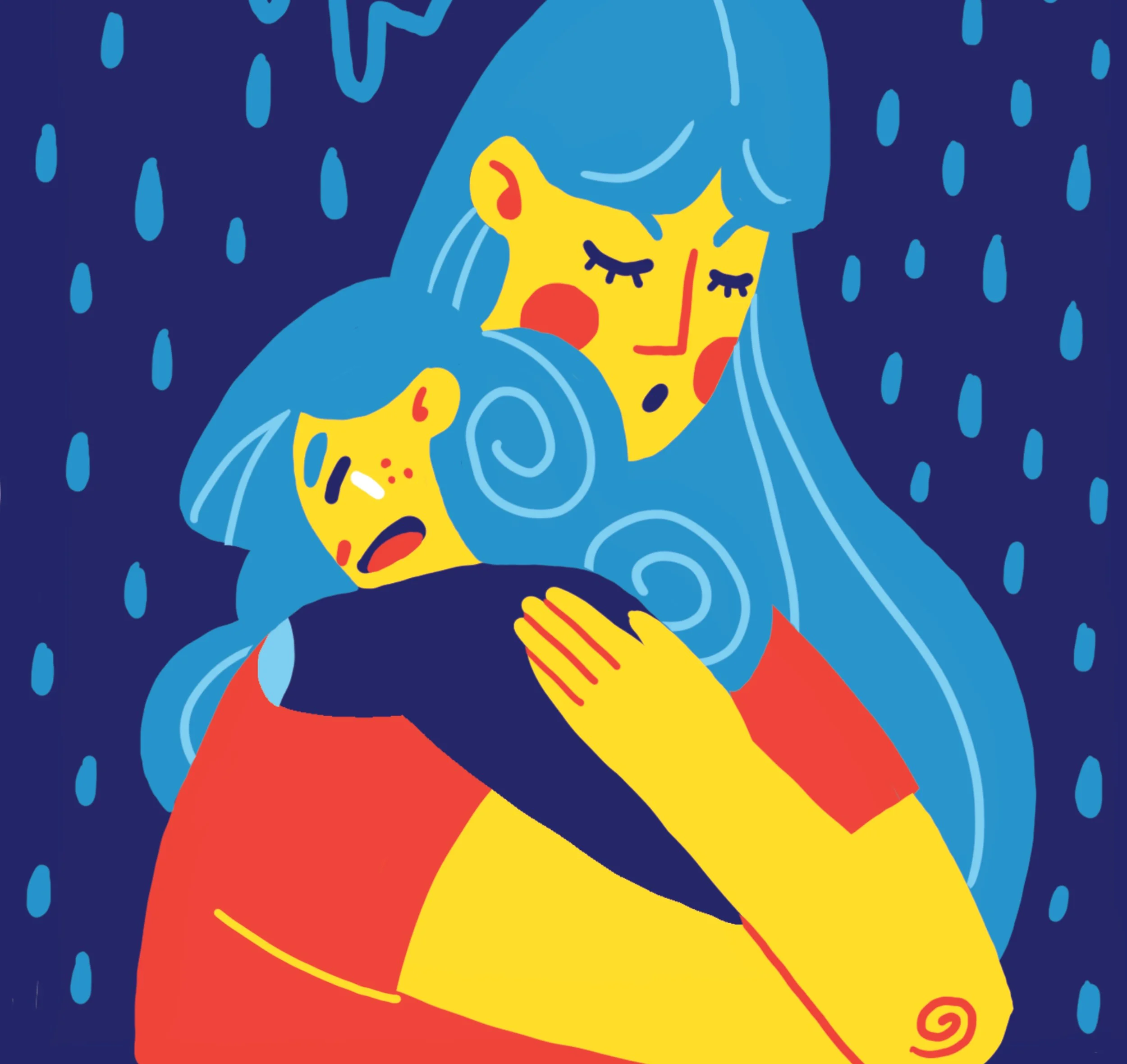 Hilda und der Drache - Illustration einer Szene von einer Mutter die ihre Tochter tröstet.