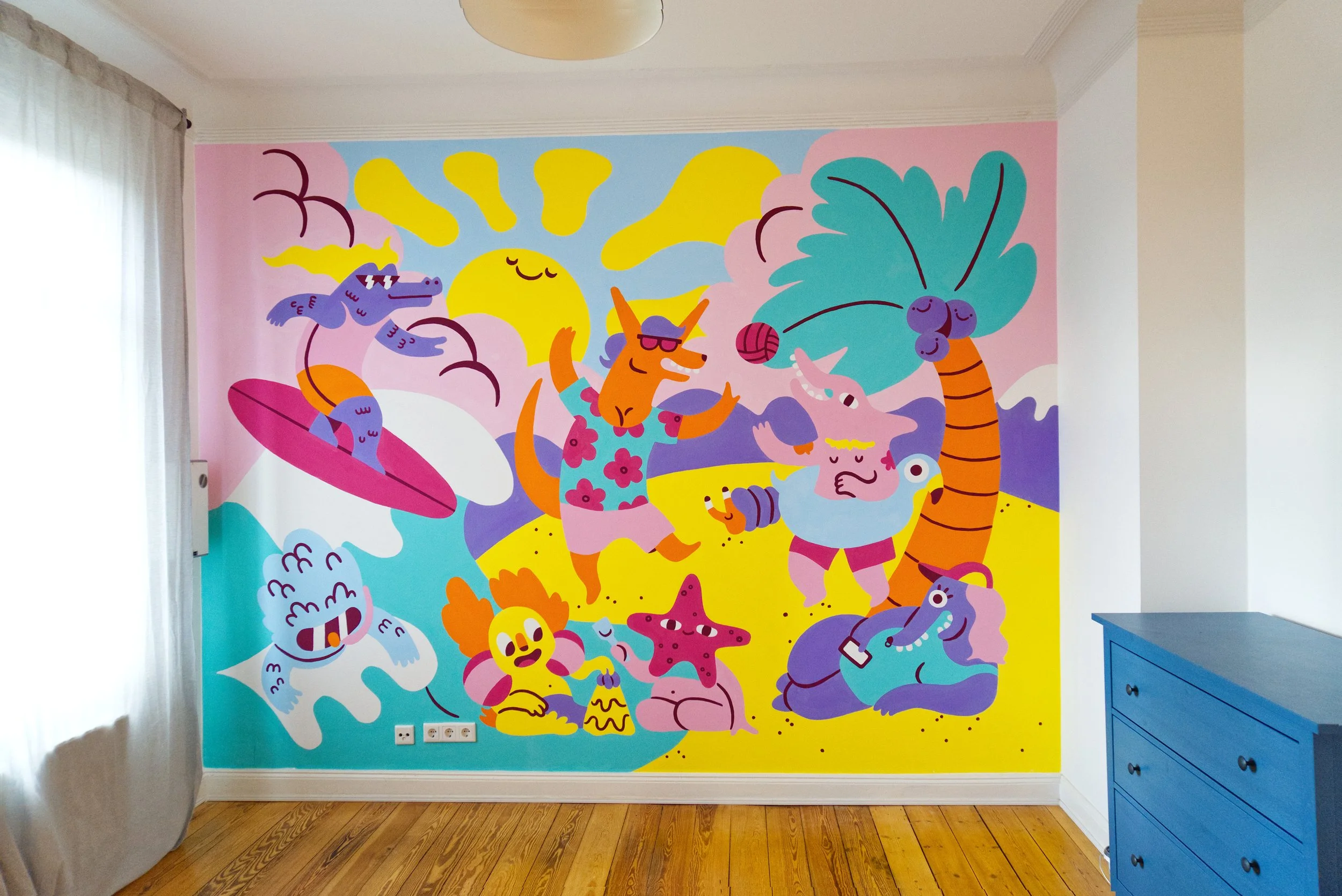 Beach Party- Wandbild, Tierfiguren am Strand, leuchtende Farben