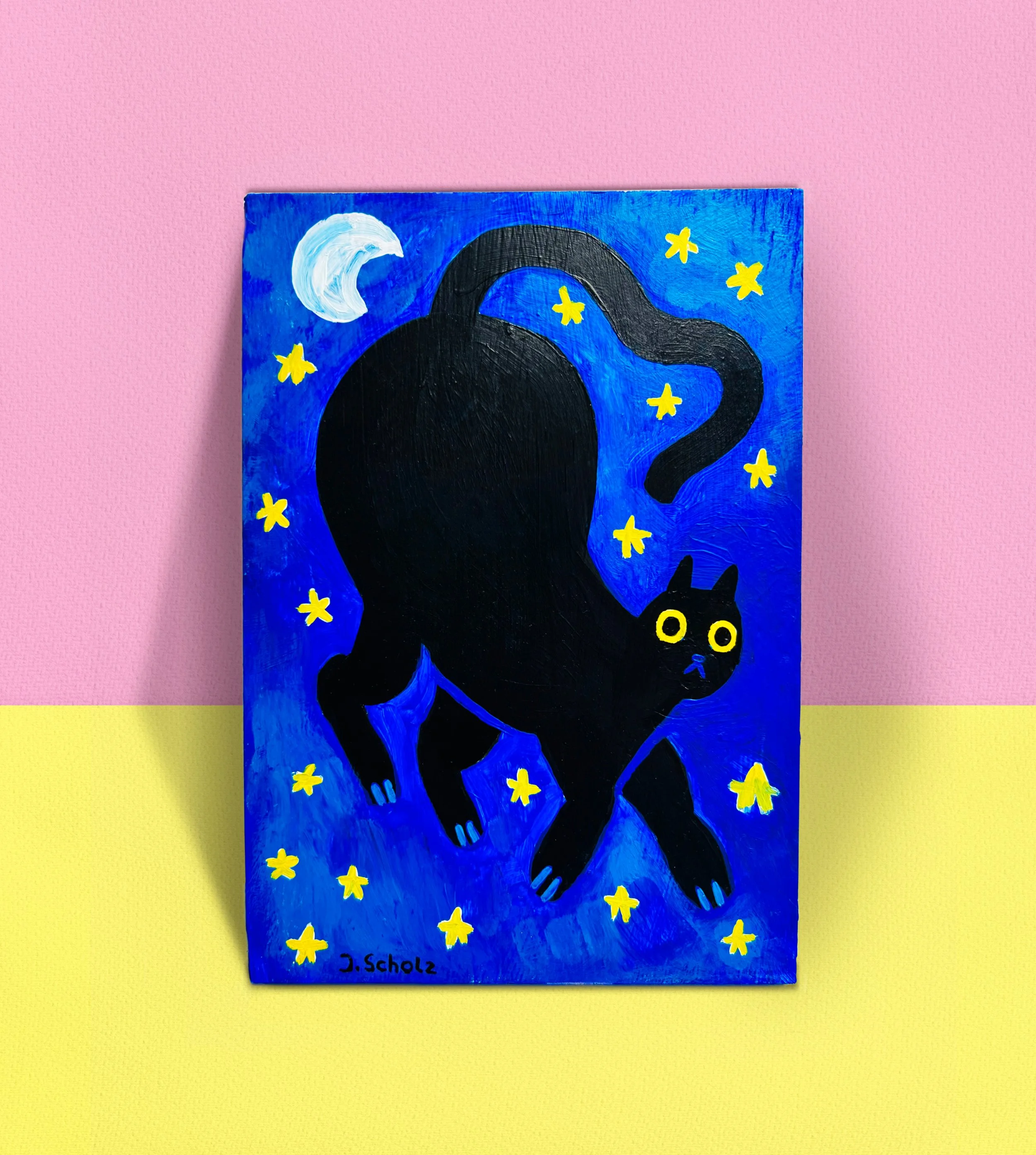Kunstwerk - schwarze Katze mit leuchtenden Augen mit einem Nachthimmel mit Sternen und Mond im Hintergrund. Titel: Cat at Night.