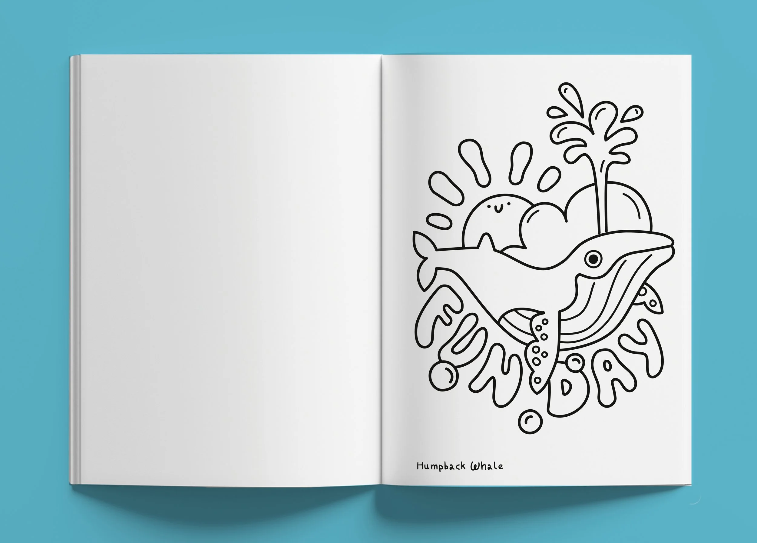 Coral Reef - Malbuch. Eine aufgeschlagene Doppelseite des Buchs. Rechts zu sehen: Illustration eines Buckelwals der Wasser aus seinem Blasloch schießt, einer Sonne im Hintergrund und einem Schriftzug: Fun Day, mit schwarz-weißer Kontur.