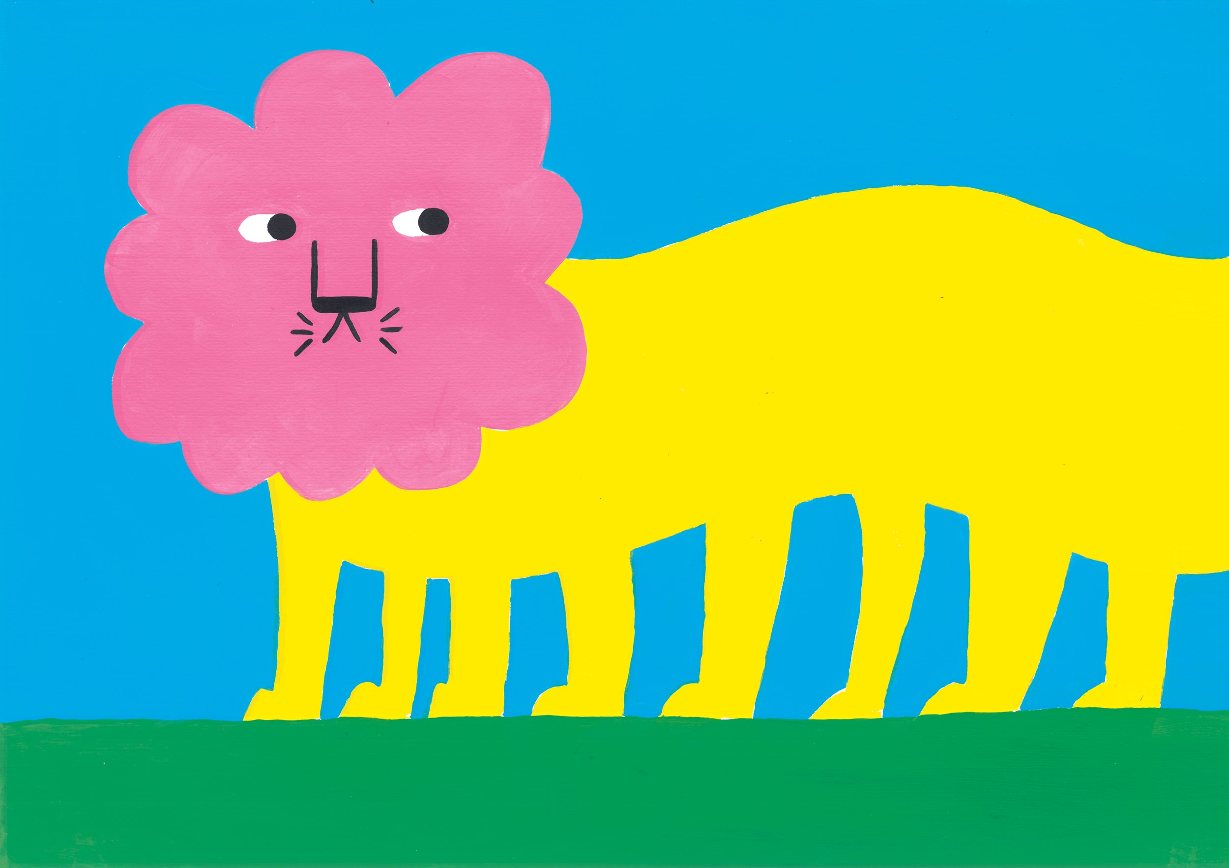 Phantastische Tiere - Illustration eines Löwen-tausendfüssler mit pinken Kopf und gelbem Körper vor einem blauen Hintergrund.