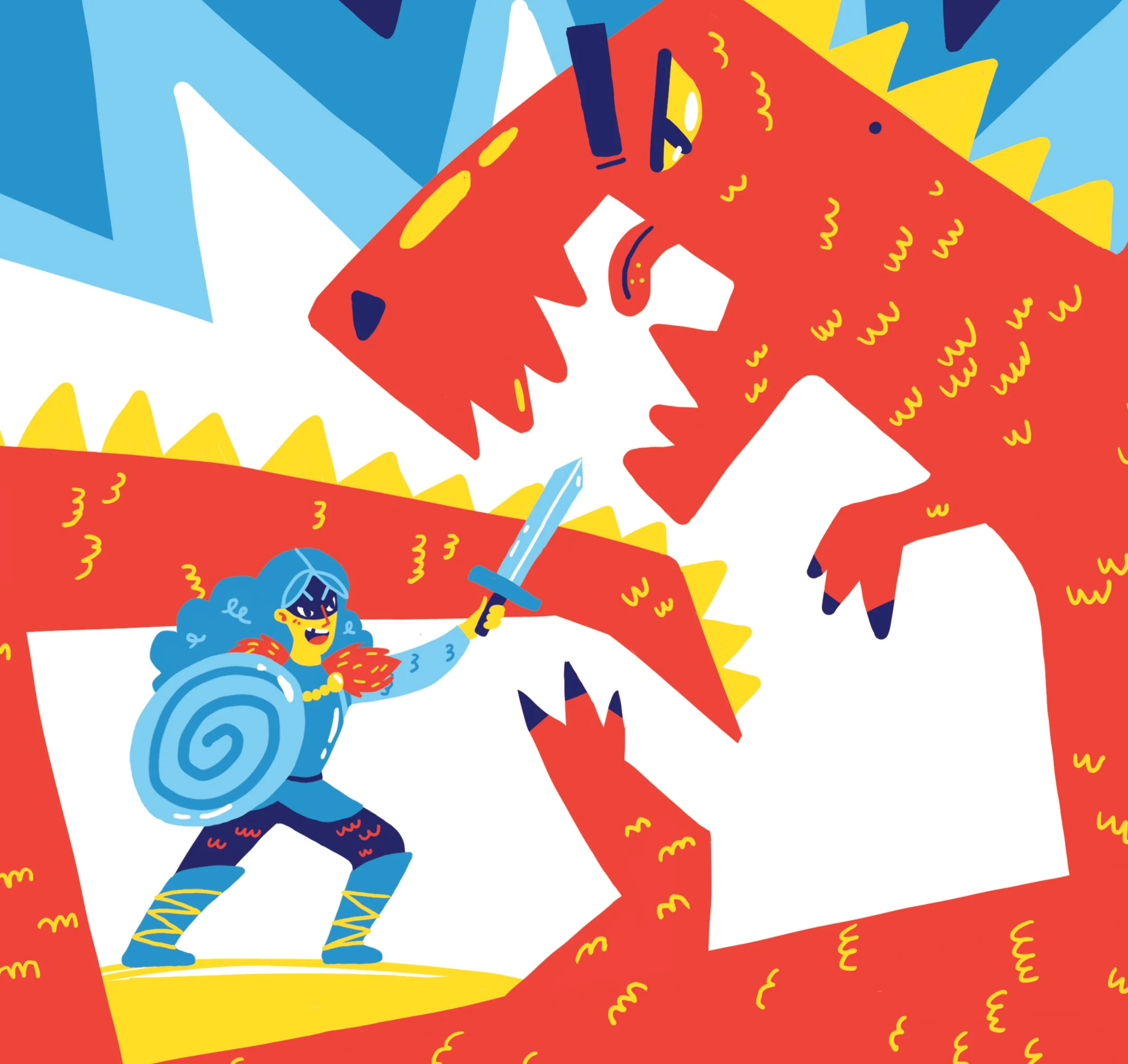 Hilda und der Drache - Illustration einer Szene von einer Wikinger Frau die gegen einen Drachen kämpft.