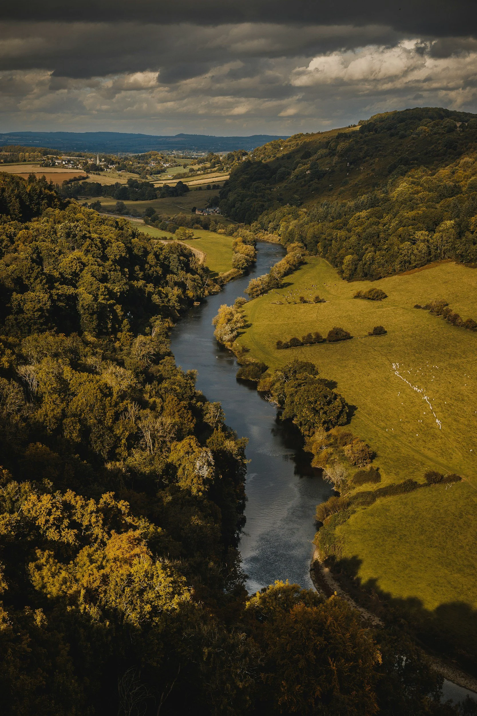 A scenic aerial view of a river winding through green fields and dense forests under a cloudy sky.